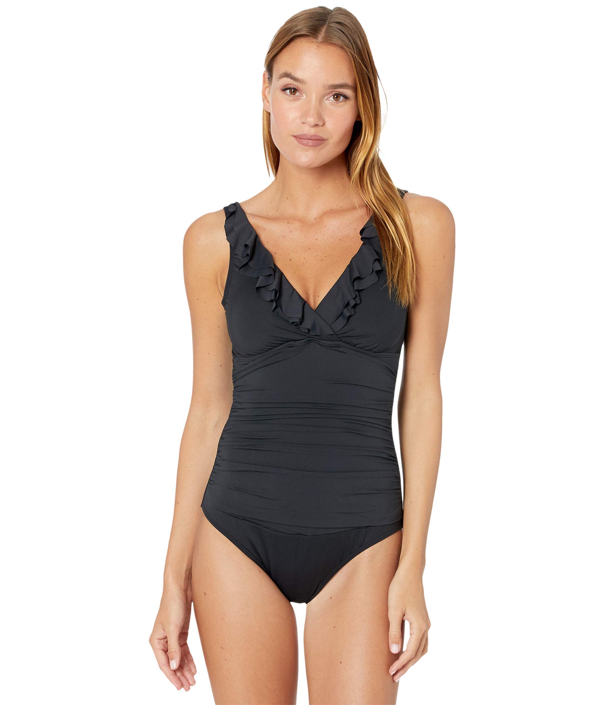 Lauren Ralph Lauren Women's Solid Ruffle Surplice One-Piece Swimsuit | Beach Club Collection | Perfect for Pool, Vacation & Summer Getaways
