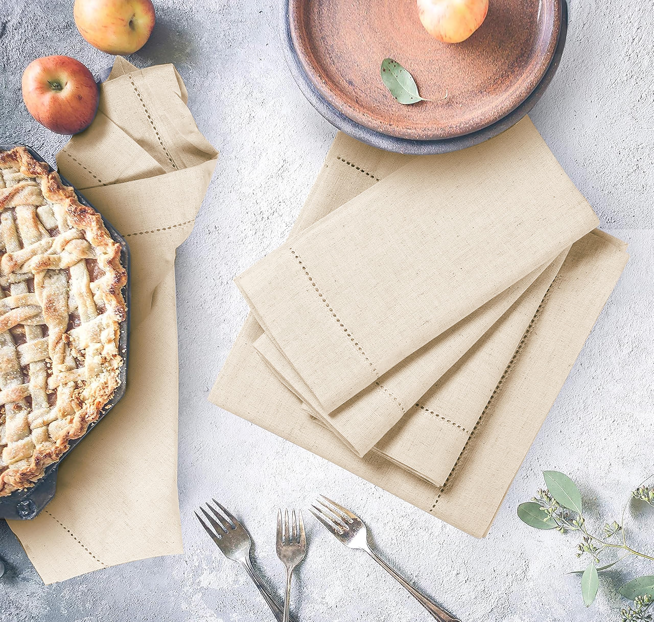 Premium Flax Linen Napkins Set of 12 - 18x18 Inch Hemstitched Washable Cloth Dinner Napkins for Fine Dining, Wedding, and Everyday Use