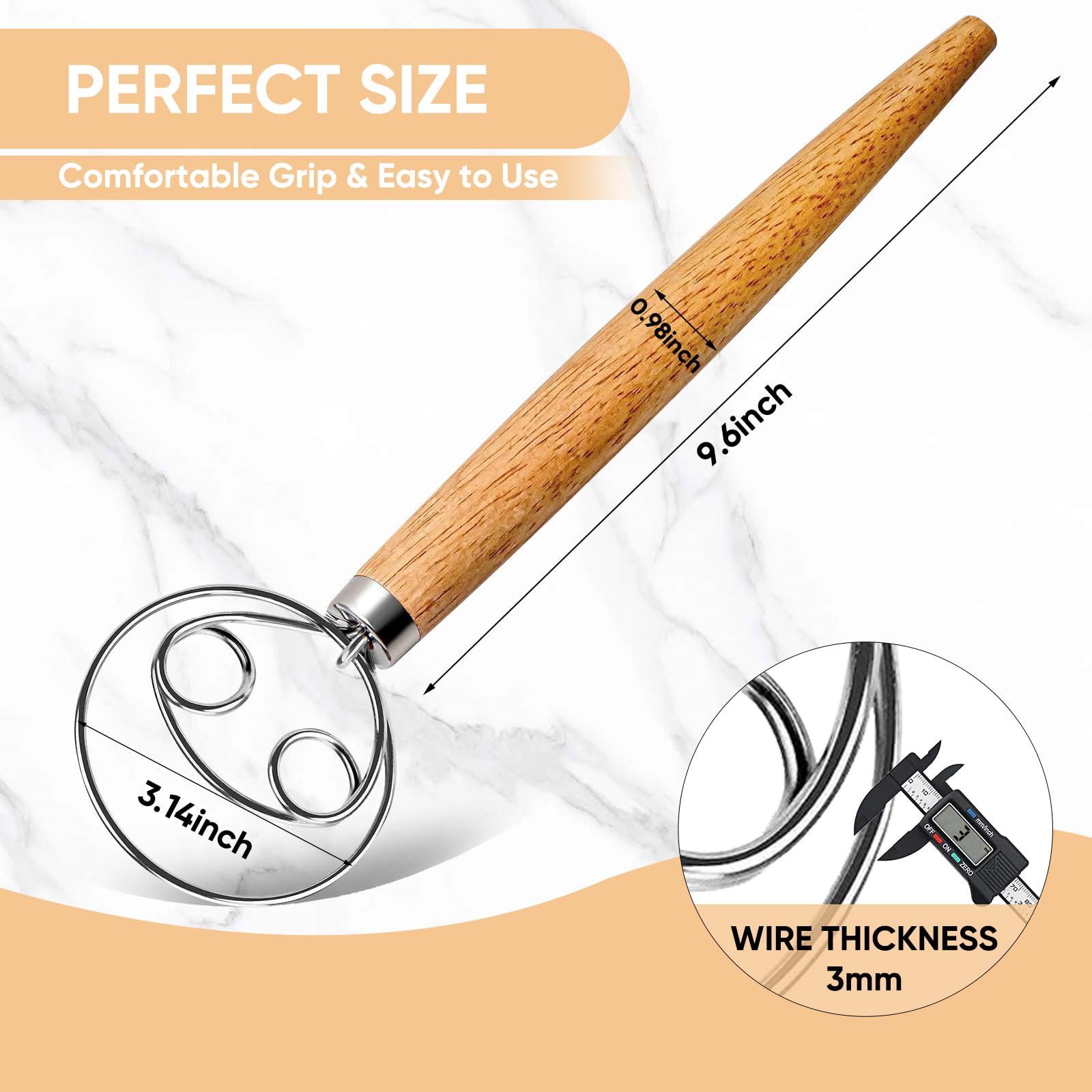 Premium Danish Dough Whisk - Stainless Steel Bread Mixer with Wooden Handle - Traditional Dutch Whisk for Baking Sourdough, Artisan Bread & Pastry Dough - Perfect for Home Bakers & Professional Kitchens