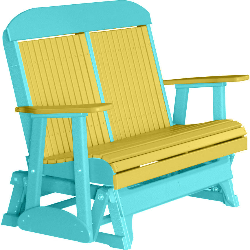 LuxCraft 4FT Yellow Recycled Plastic Highback Outdoor Glider Bench with Cup Holder - Durable Patio Furniture for Garden, Porch & Backyard Relaxation