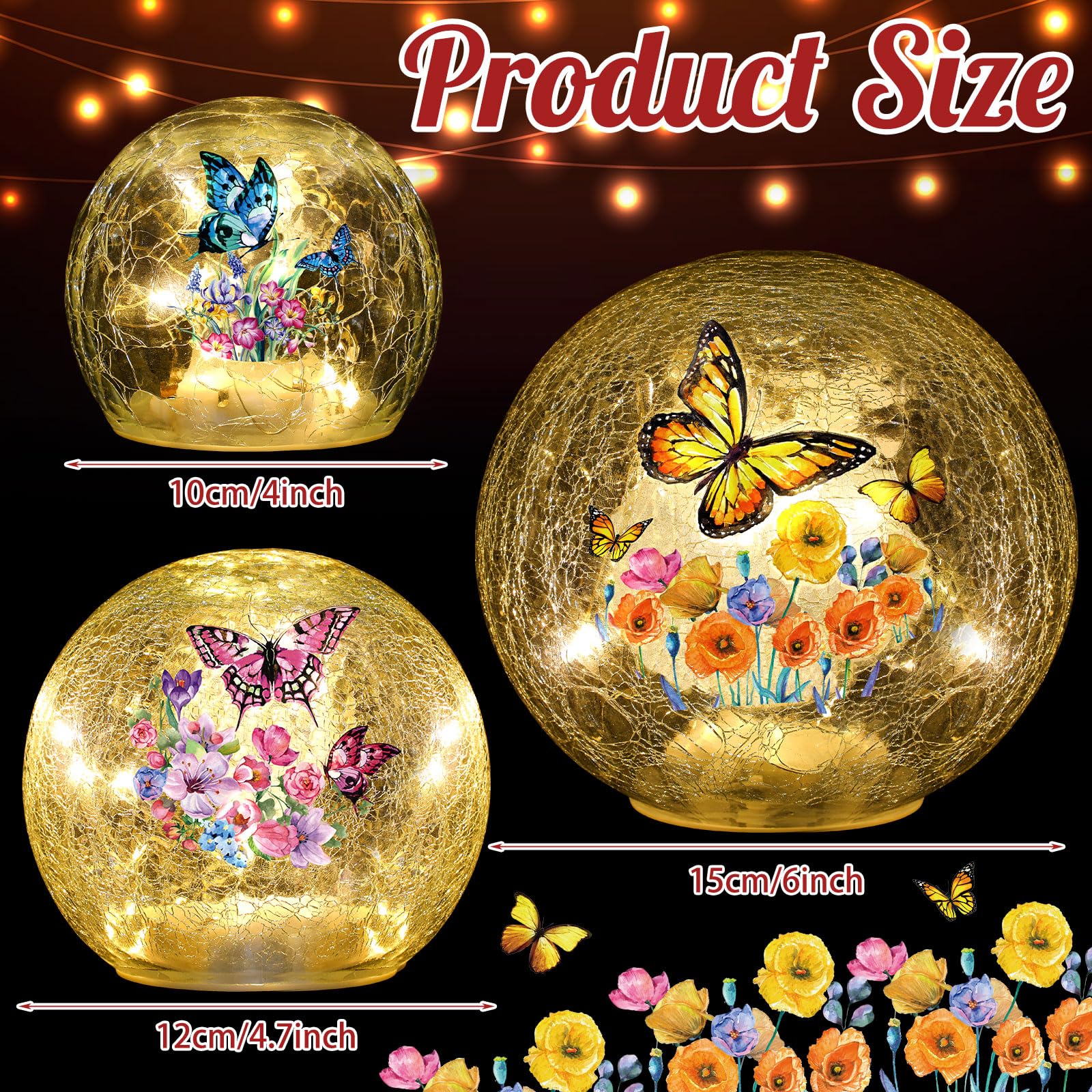 3-Piece Spring Butterfly Crackle Glass Ball Lights - LED Butterfly Globe Lamp for Home Decor, Indoor Tabletop Night Light, Romantic Bedroom & Living Room Decoration