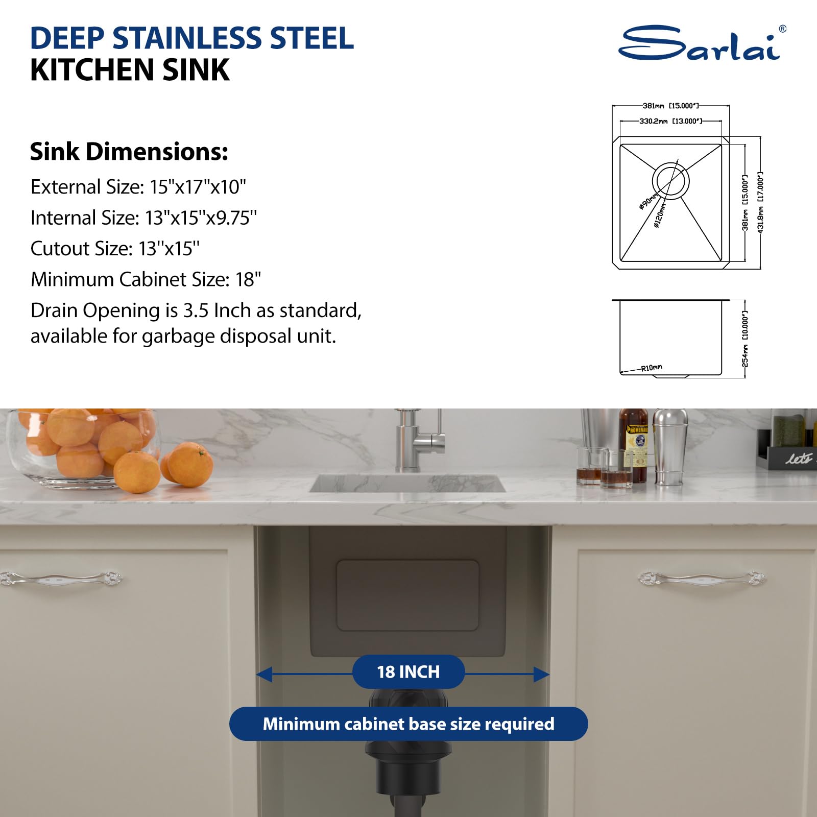 15 Inch Undermount Kitchen Sink - Sarlai 16 Gauge Stainless Steel Bar Sink, 15