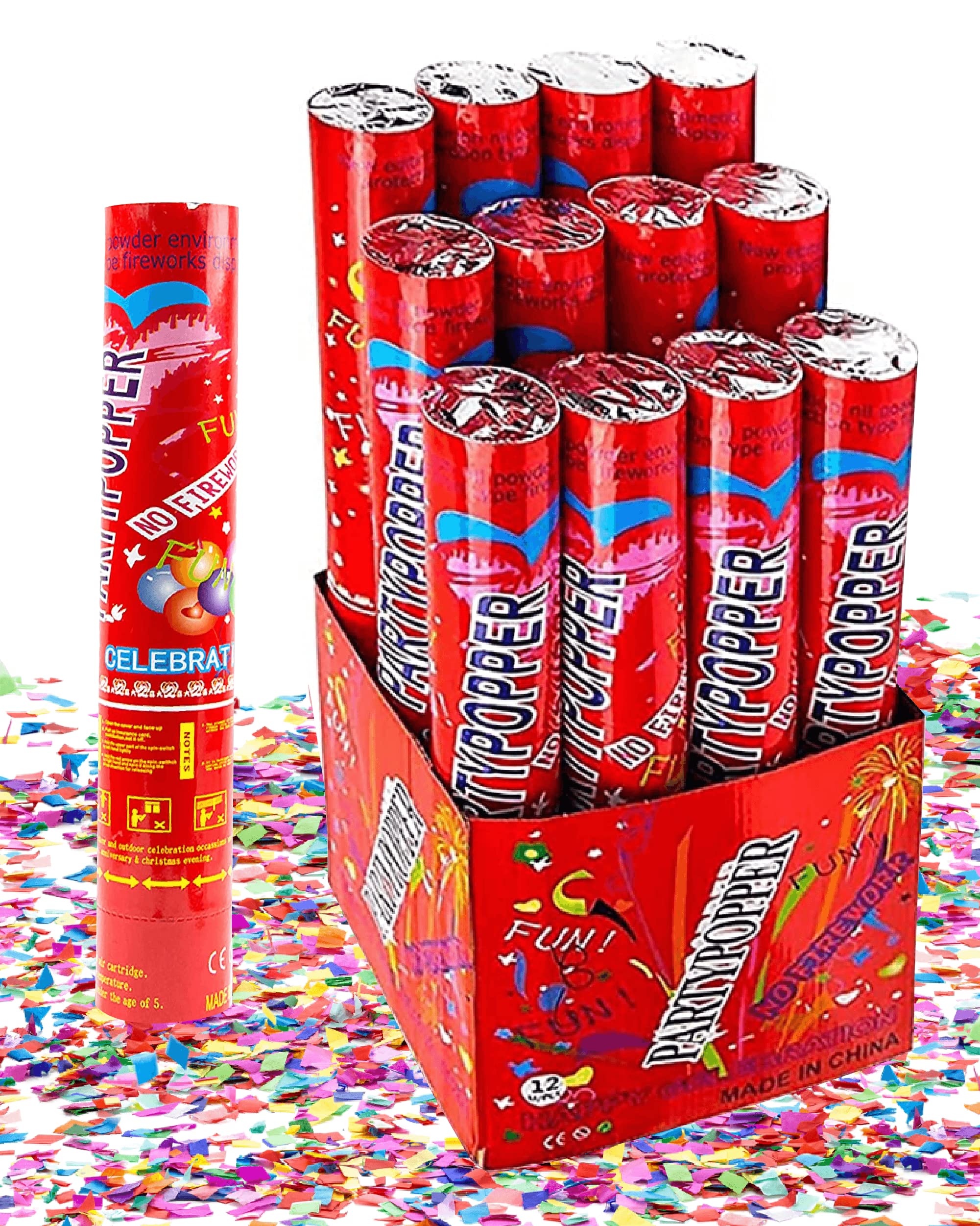 Toysery 12 Pack Colorful Confetti Cannons - 12-Inch Large Air Compressed Party Poppers for New Year's Eve, Birthday Celebrations, Weddings & Indoor/Outdoor Events | Perfect for Festive Decorations & Surprise Moments