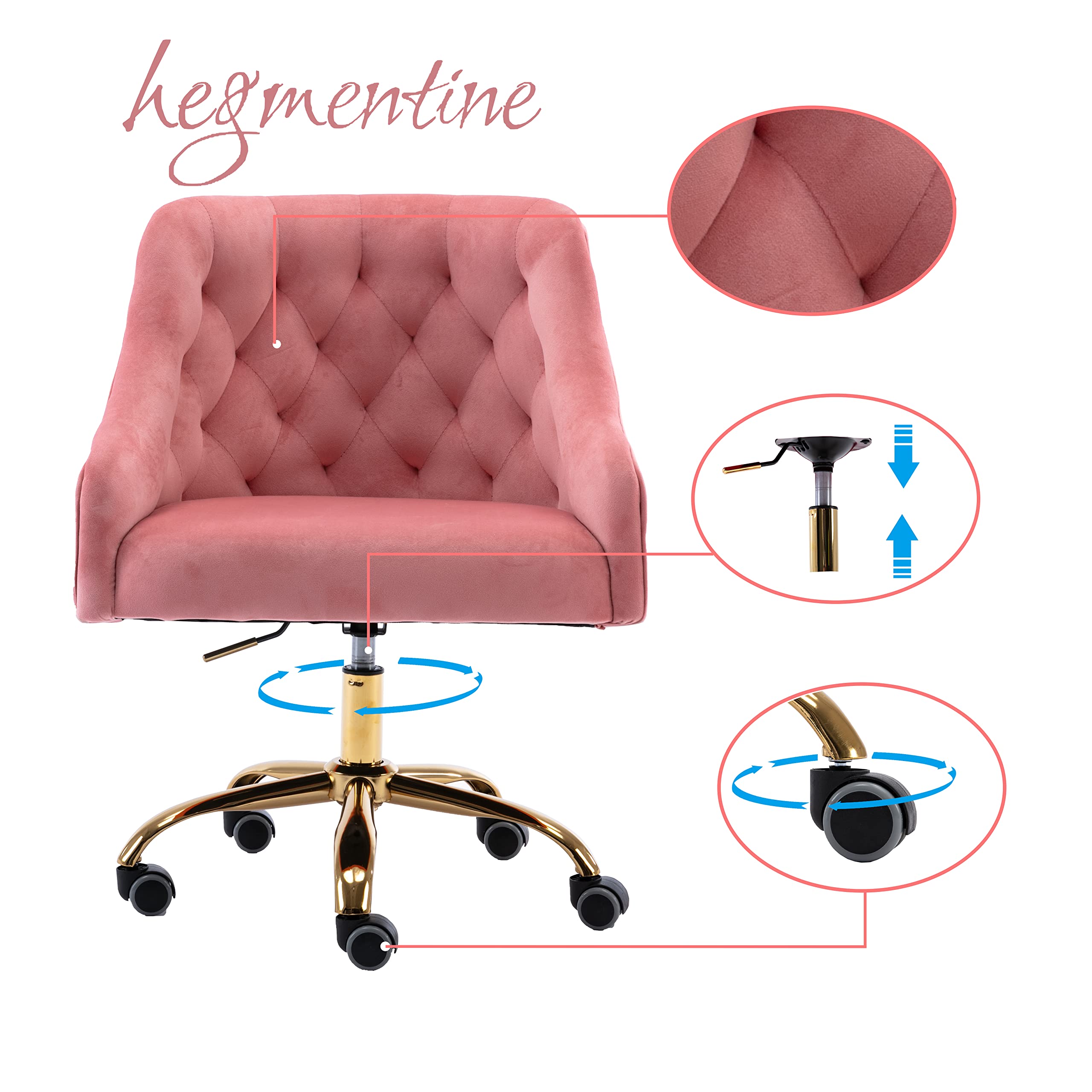 Modern Velvet Home Office Chair with Wheels - Swivel Adjustable Height Desk Chair for Work, Vanity & Makeup - Stylish Task Chair for Living Room & Bedroom (Peach Pink) - Perfect for Remote Work, Gaming & Beauty Routines