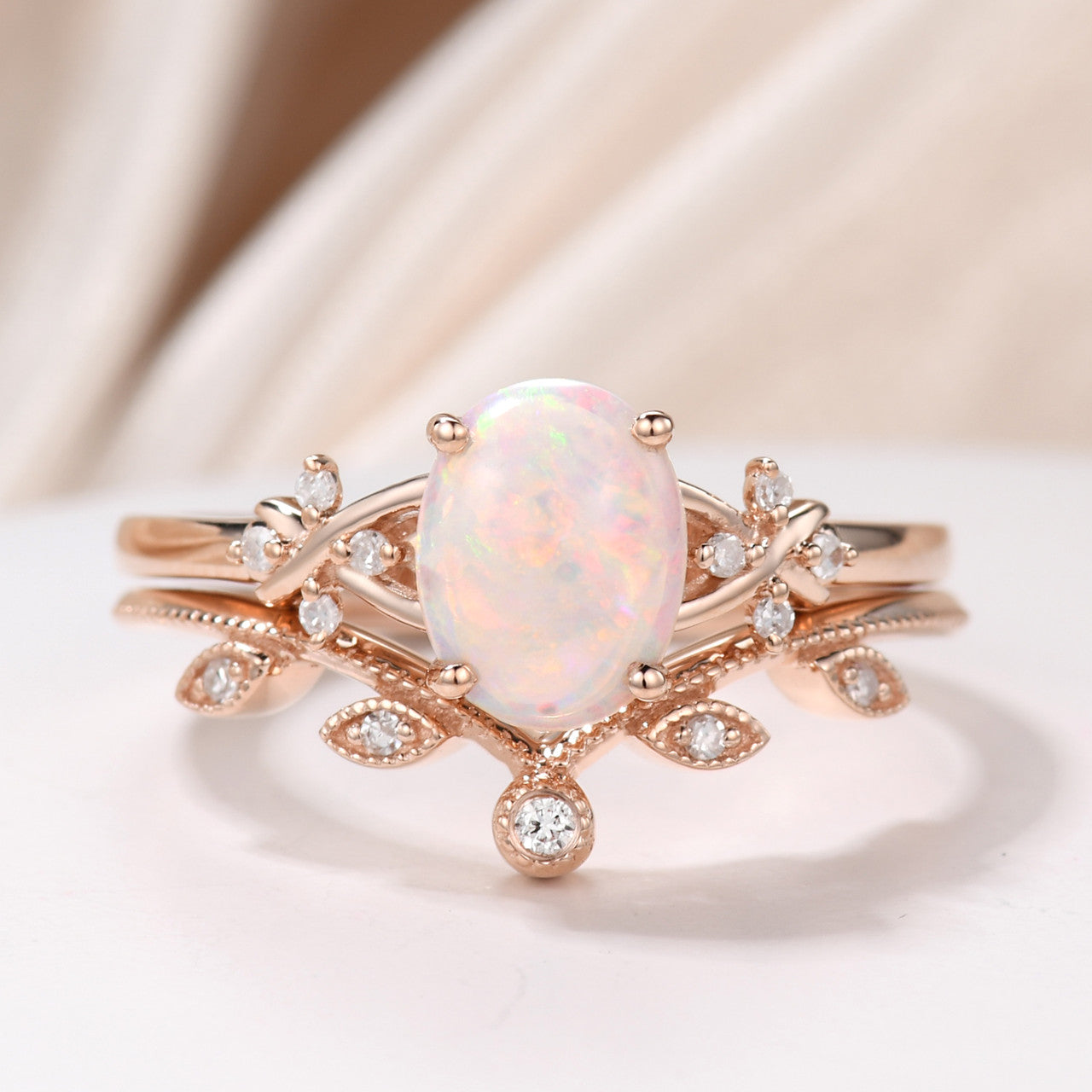 Vintage Natural Fire Opal Engagement Ring Set - Oval Australian Opal Jewelry for Women - Perfect for Wedding, Anniversary & Special Occasion Gifts