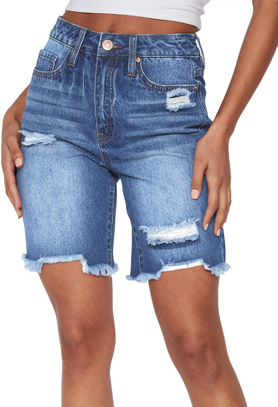 Duigluw Women's Bermuda Shorts - Distressed Denim with Raw Hem - High Waist Long Jeans Shorts for Summer | Casual Wear, Beach Outfits, Street Style Fashion
