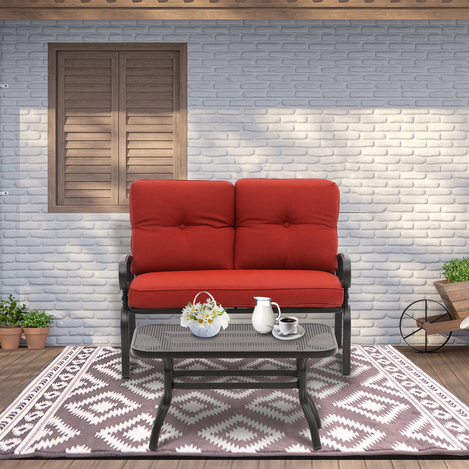 Incbruce 2-Piece Outdoor Loveseat Set with Coffee Table & Cushion - Wrought Iron Patio Bench for Garden, Poolside, Porch - Durable Metal Frame Furniture (Red) | Perfect for Relaxing in Backyard, Balcony or Outdoor Entertaining