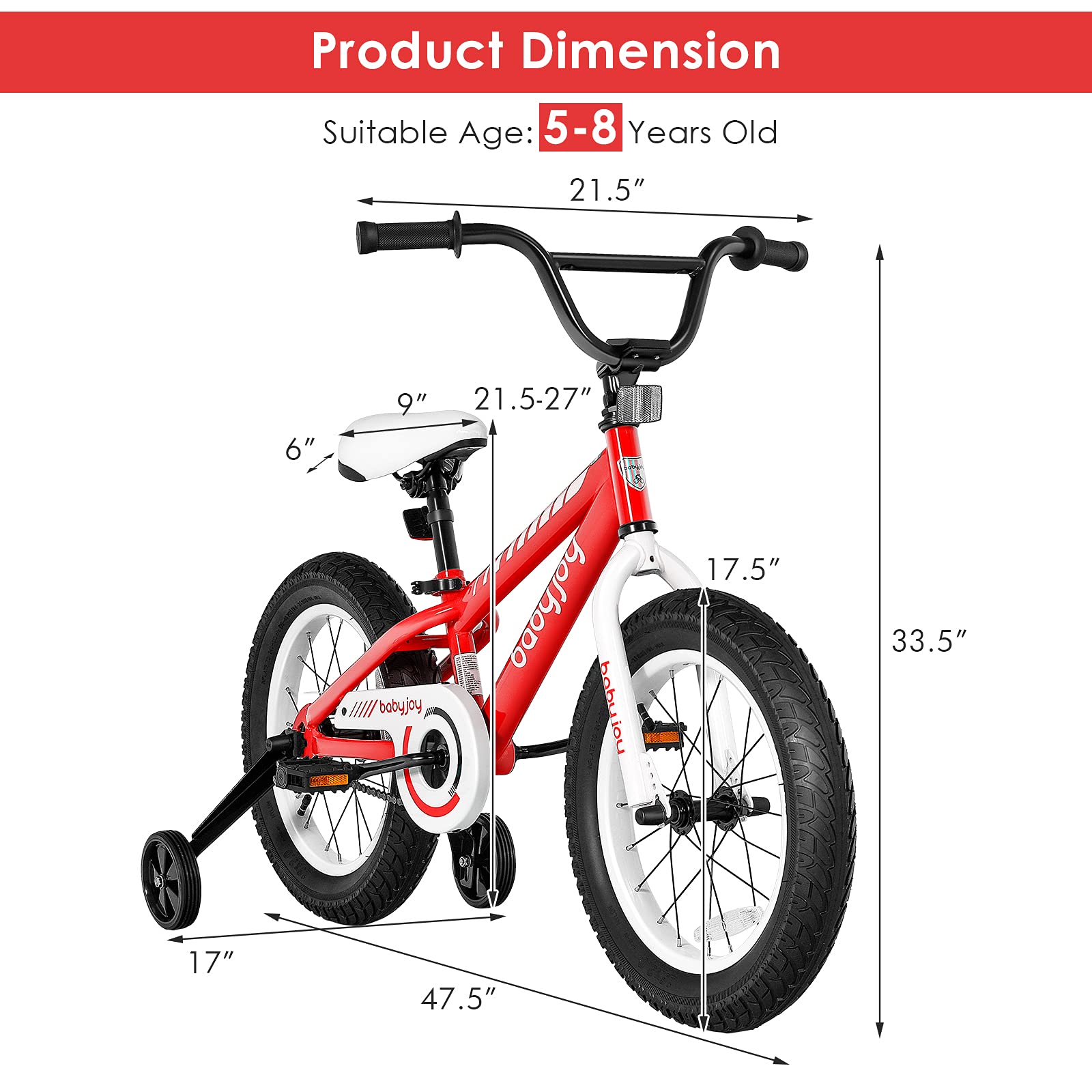 BABY JOY 16 Inch Kids Bike for Boys & Girls - Adjustable Seat, Removable Training Wheels & Safe Brake System - Ideal Bicycle for 5-8 Year Old Children - Perfect for Neighborhood Rides, Park Adventures & Learning to Cycle