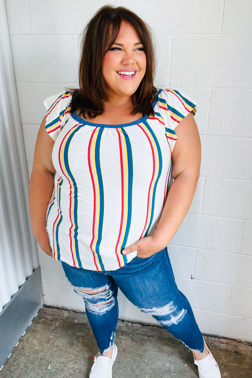 Stylish Multicolor Striped Raglan Flutter Sleeve Top for Women - Casual & Boho Chic Outfit for Summer, Beach, and Music Festivals