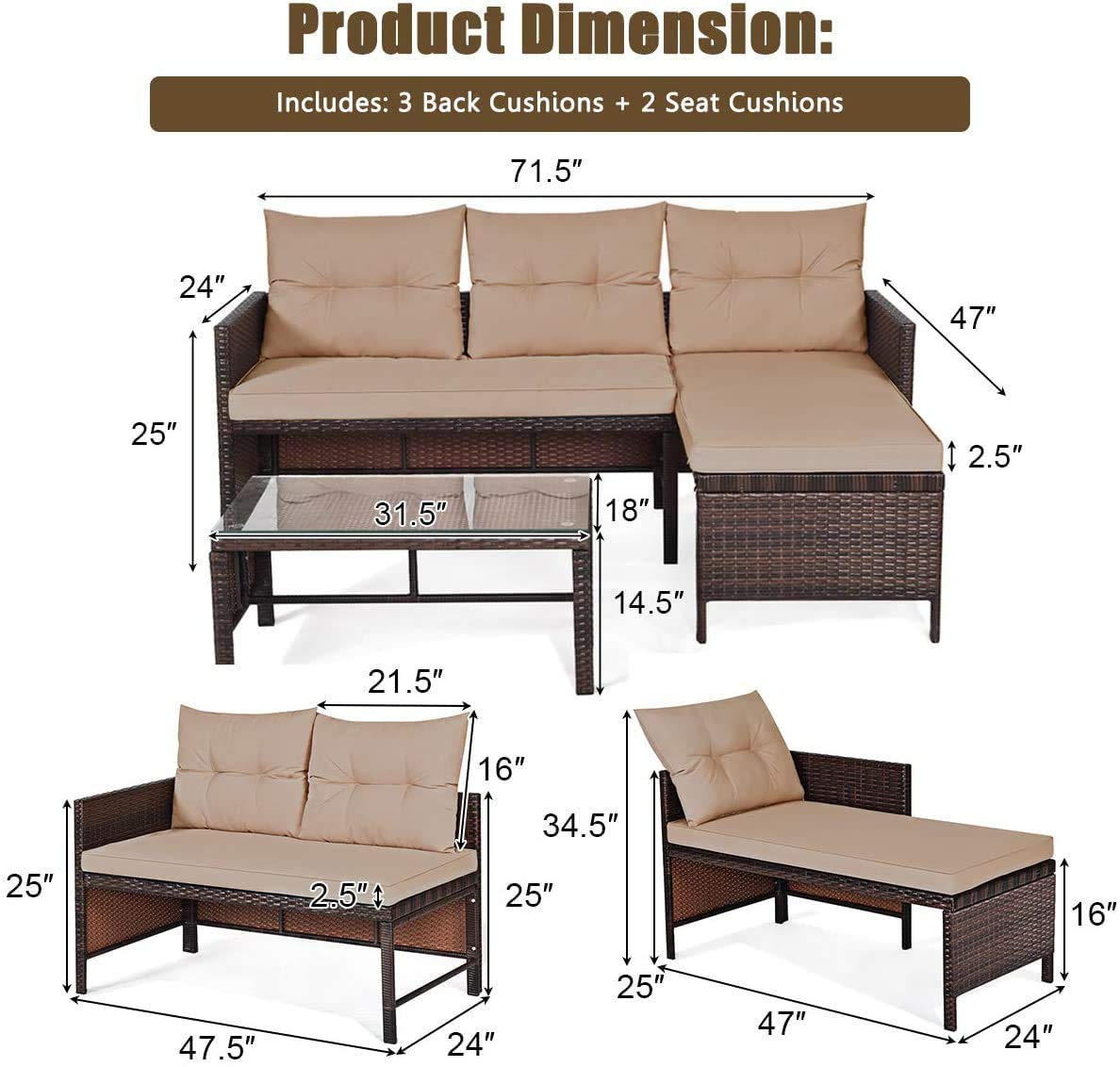 LDAILY 3-Piece Outdoor Patio Furniture Set - Waterproof Wicker Rattan Sofa with Cushions, Lounge Chaise - Perfect for Garden, Poolside, Backyard & Outdoor Conversations (Ideal for Relaxing, Entertaining & Sunbathing)