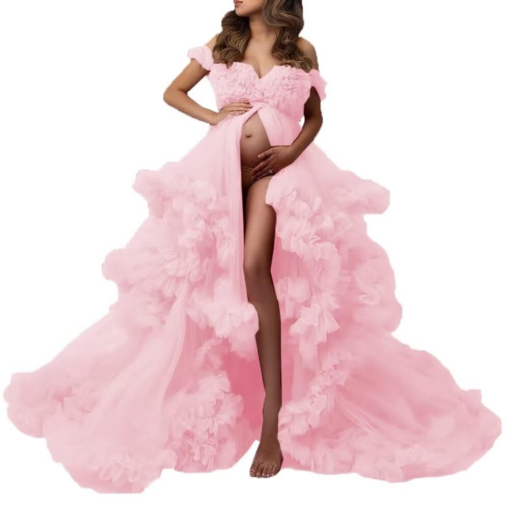 Elegant Long Puffy Maternity Dress with Tulle Skirt - V-Neck Lace Wedding Gown for Baby Shower & Pregnancy Photoshoot | Perfect for Maternity Photos, Bridal Showers & Special Occasions