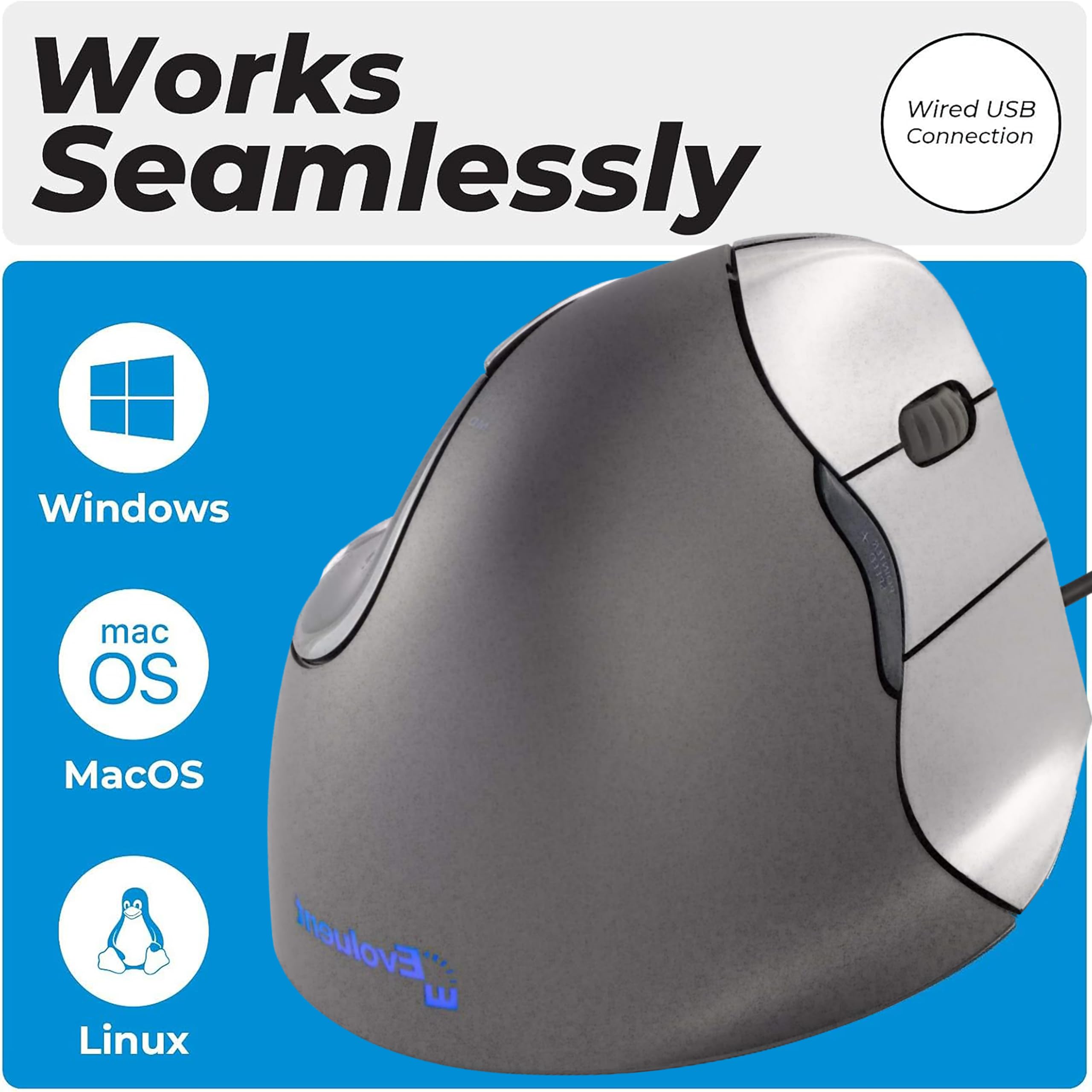 Evoluent VM4L VerticalMouse 4 Left-Handed Ergonomic USB Wired Mouse - Regular Size for Office Work, Gaming & Computer Use