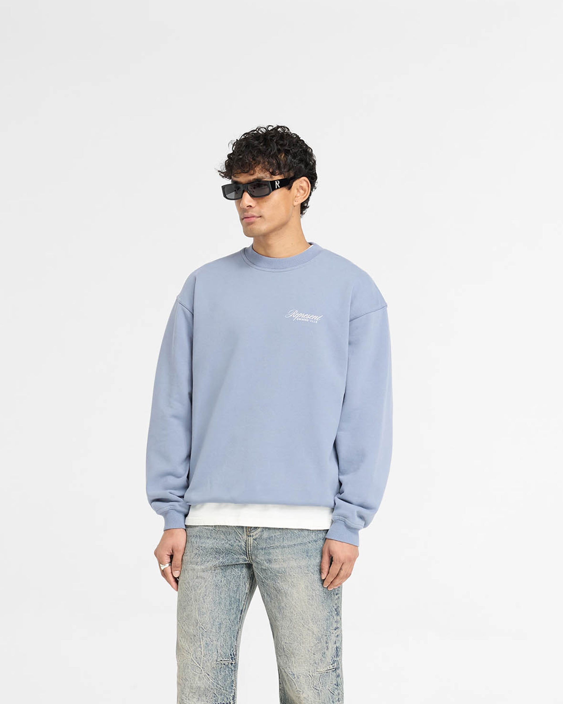 Represent Owners Club Script Sweater - Dusty Blue | Trendy Oversized Knit Pullover | Perfect for Streetwear & Casual Outfits