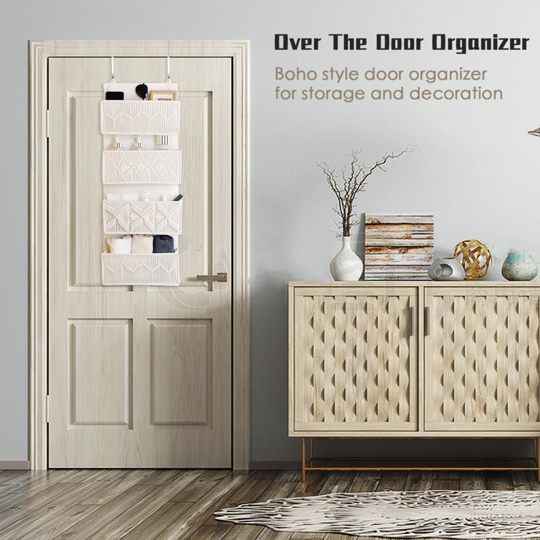Macrame Over The Door Organizer - 4 Large Woven Pockets for Bathroom & Bedroom Storage | Boho Wall Hanging Decor | Space-Saving Closet & Towel Organizer | Perfect for Jewelry, Scarves & Small Essentials