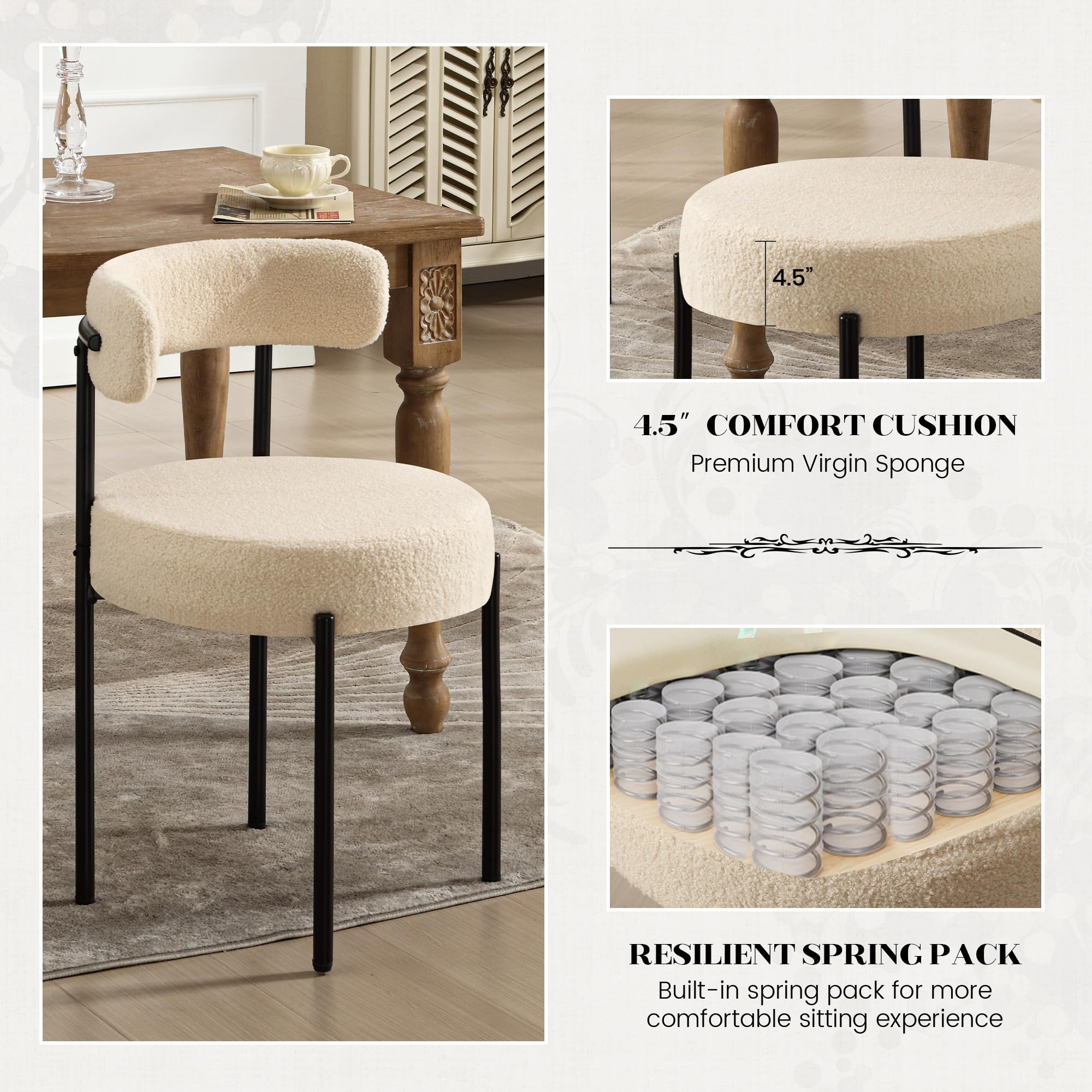4-Piece Beige Boucle Dining Chairs Set - Curved Backrest Modern Upholstered Chairs with Thick Round Seat | Mid Century Kitchen & Dining Room Furniture | Perfect for Family Gatherings & Dinner Parties