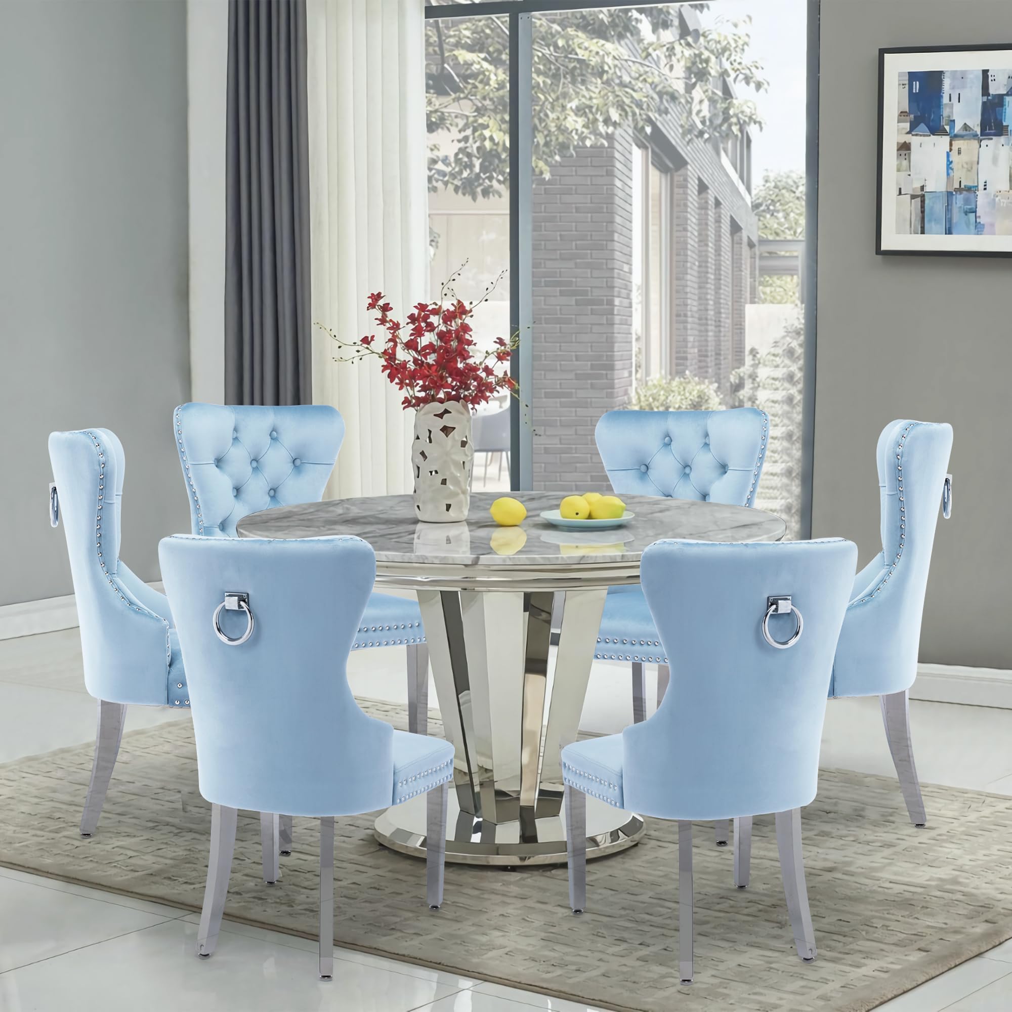 Luxury Velvet Dining Chairs Set of 2 - Tufted Upholstered Dining Room Chairs with Stainless Steel Legs & Ring Pull Details, Navy Blue - Perfect for Modern Dining Room, Kitchen Breakfast Nook & Home Office Decor
