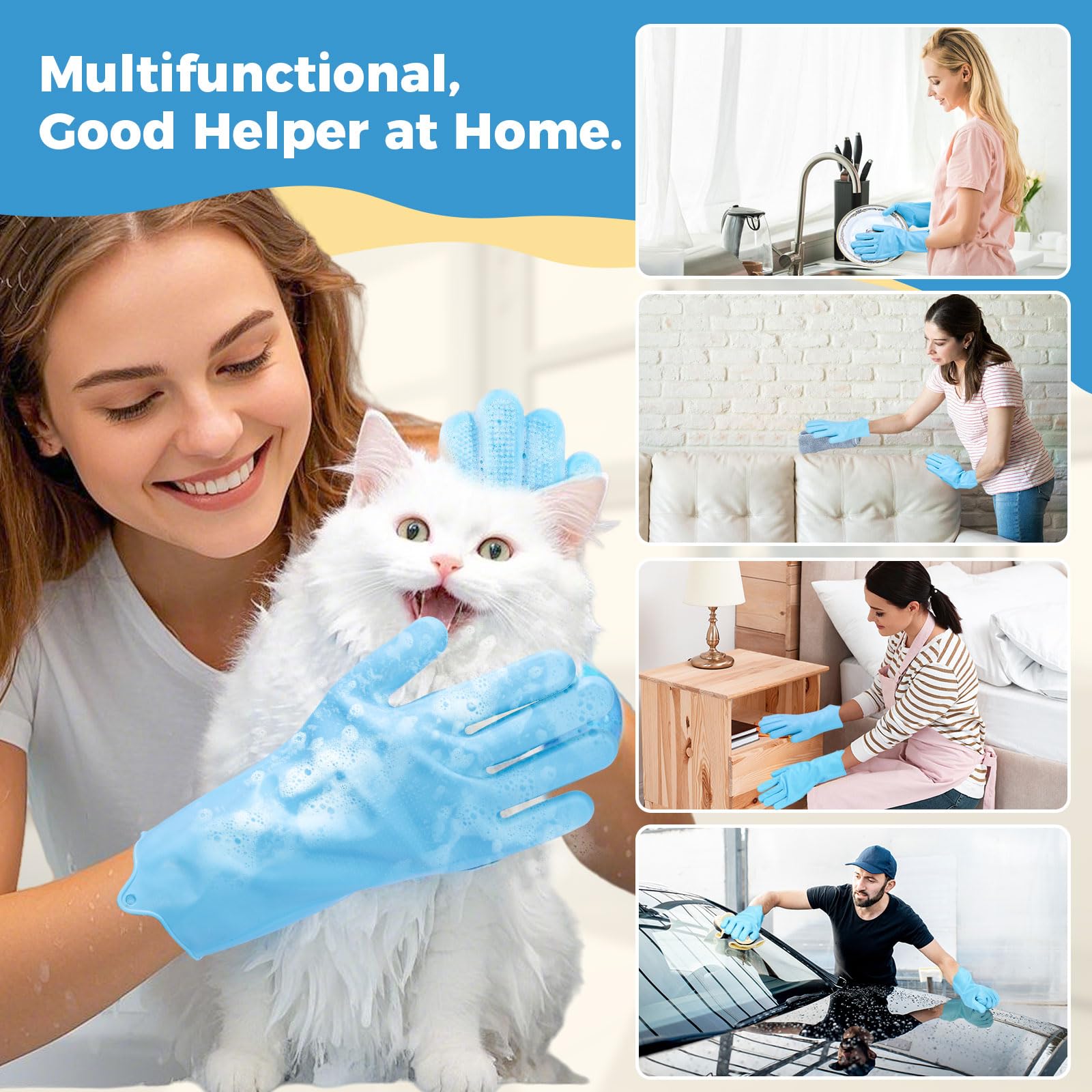 Pet Grooming Gloves - Silicone Bristle Dog Bathing Gloves for Washing, Massaging & Hair Removal - Heat Resistant 5-Finger Design for Dogs & Cats - Perfect for Bath Time, Shedding Season & Relaxing Pet Care