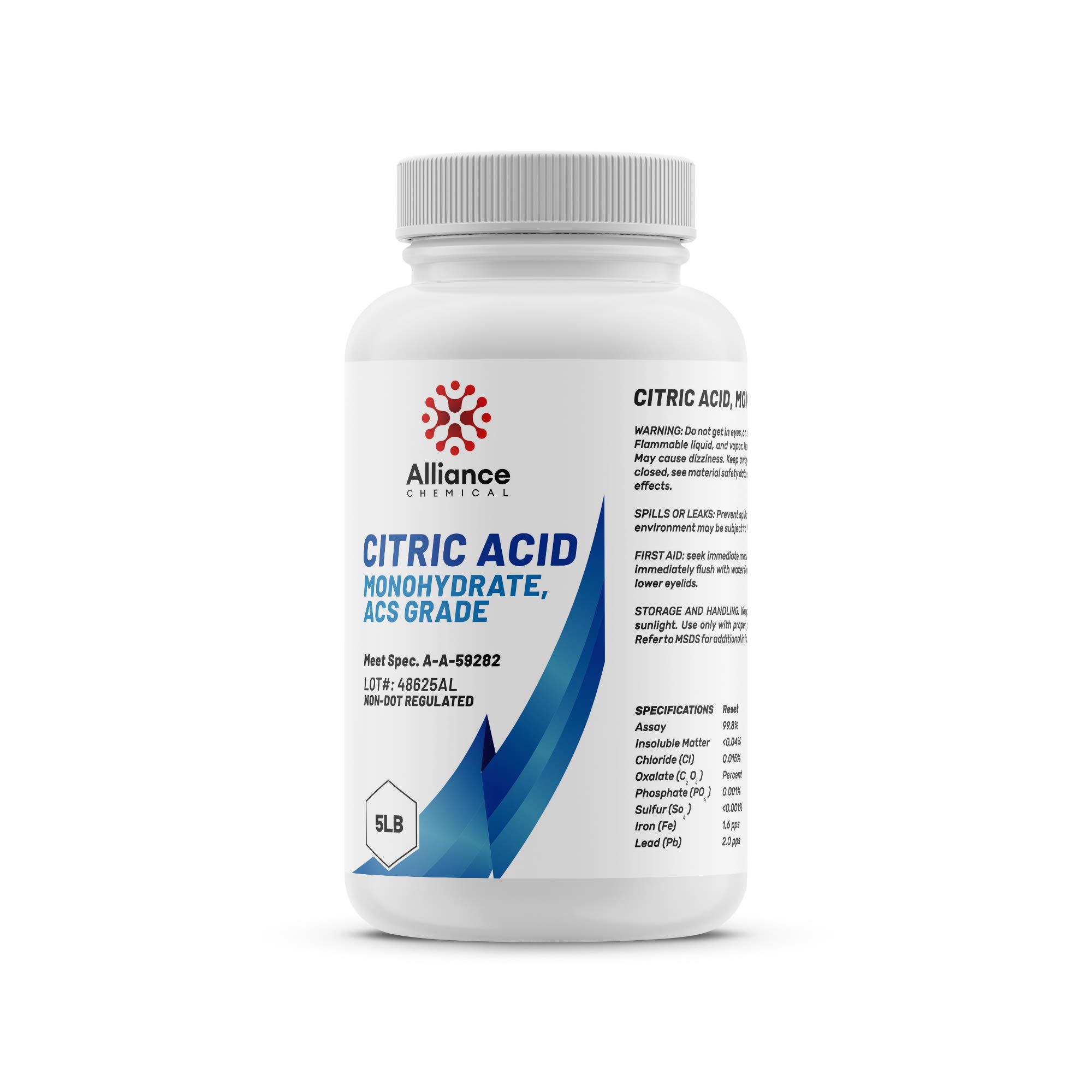 ACS Grade Citric Acid Monohydrate - 5LB Bottle for Detergent, Manufacturing, Food Preservation, pH Buffer & Antioxidant | Pharmaceutical, Cosmetic & Leather Tanning Applications | Alliance Chemical