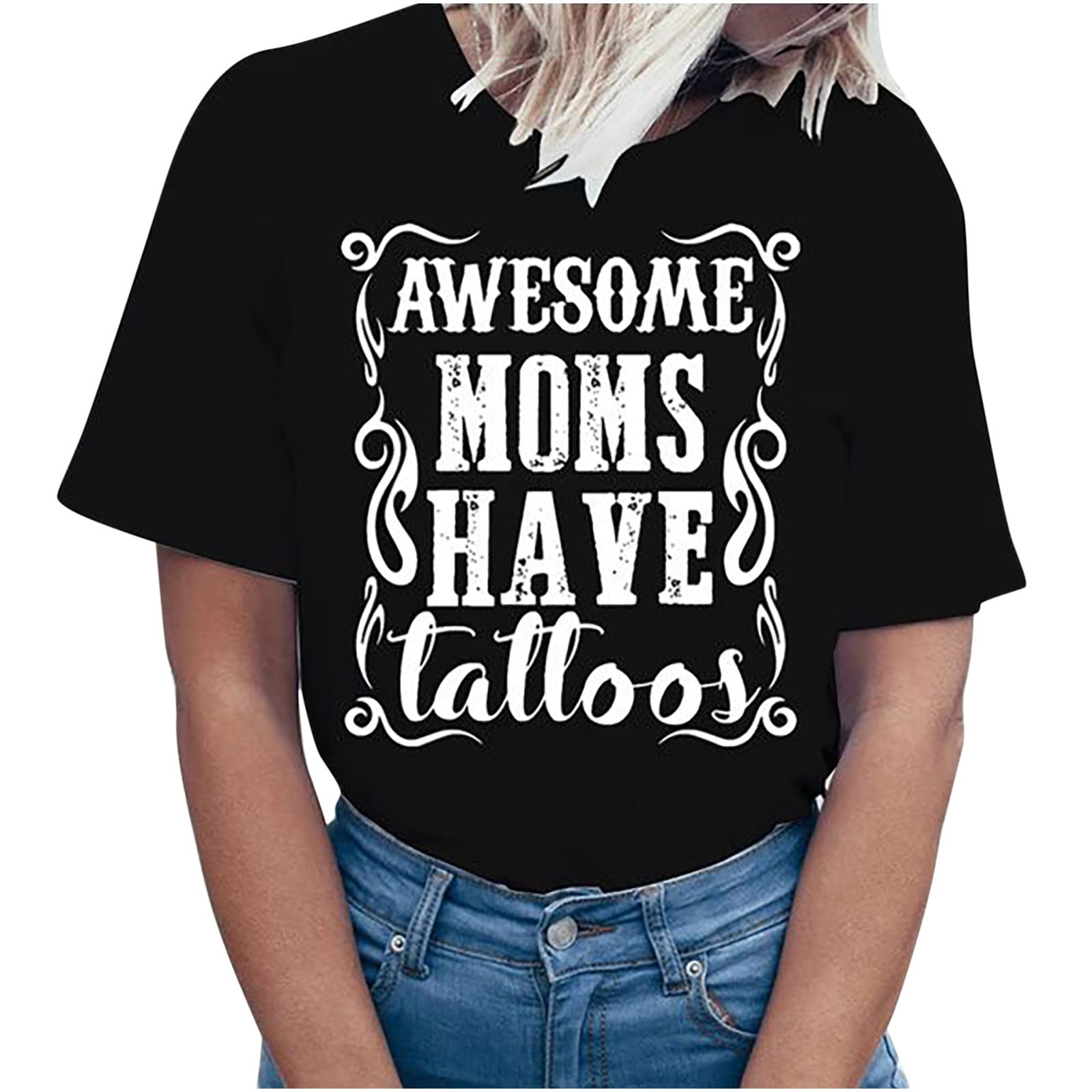 Awesome Moms Have Tattoos Letter Graphic T-Shirt for Women - Soft Summer Short Sleeve Casual Crewneck Loose Fit Blouse - Perfect for Mother's Day, Beach Outings & Casual Wear