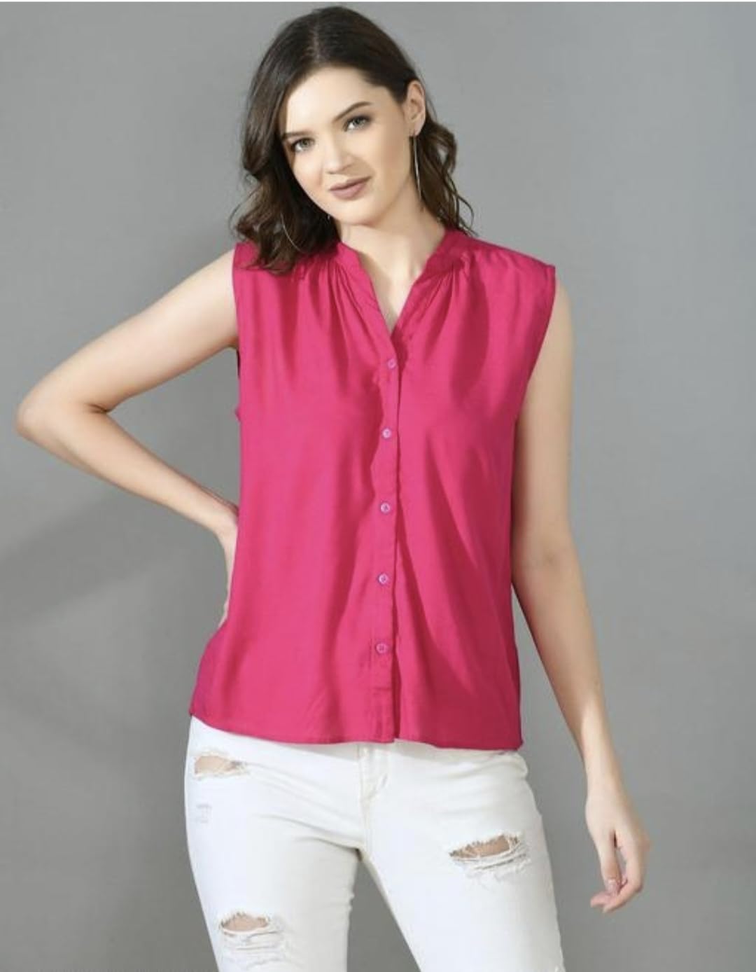 RR Fashion House Women's Sleeveless Solid Casual Top - Button Front Shirt for Women | Summer Wear, Office Outfit, Casual Chic Style