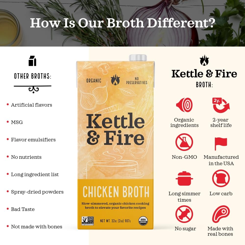 Organic Chicken Broth by Kettle & Fire - 32 Oz, USDA Certified, Gluten-Free Bone Broth for Cooking, Soups & Healthy Recipes - Perfect for Keto, Paleo & Immune Support