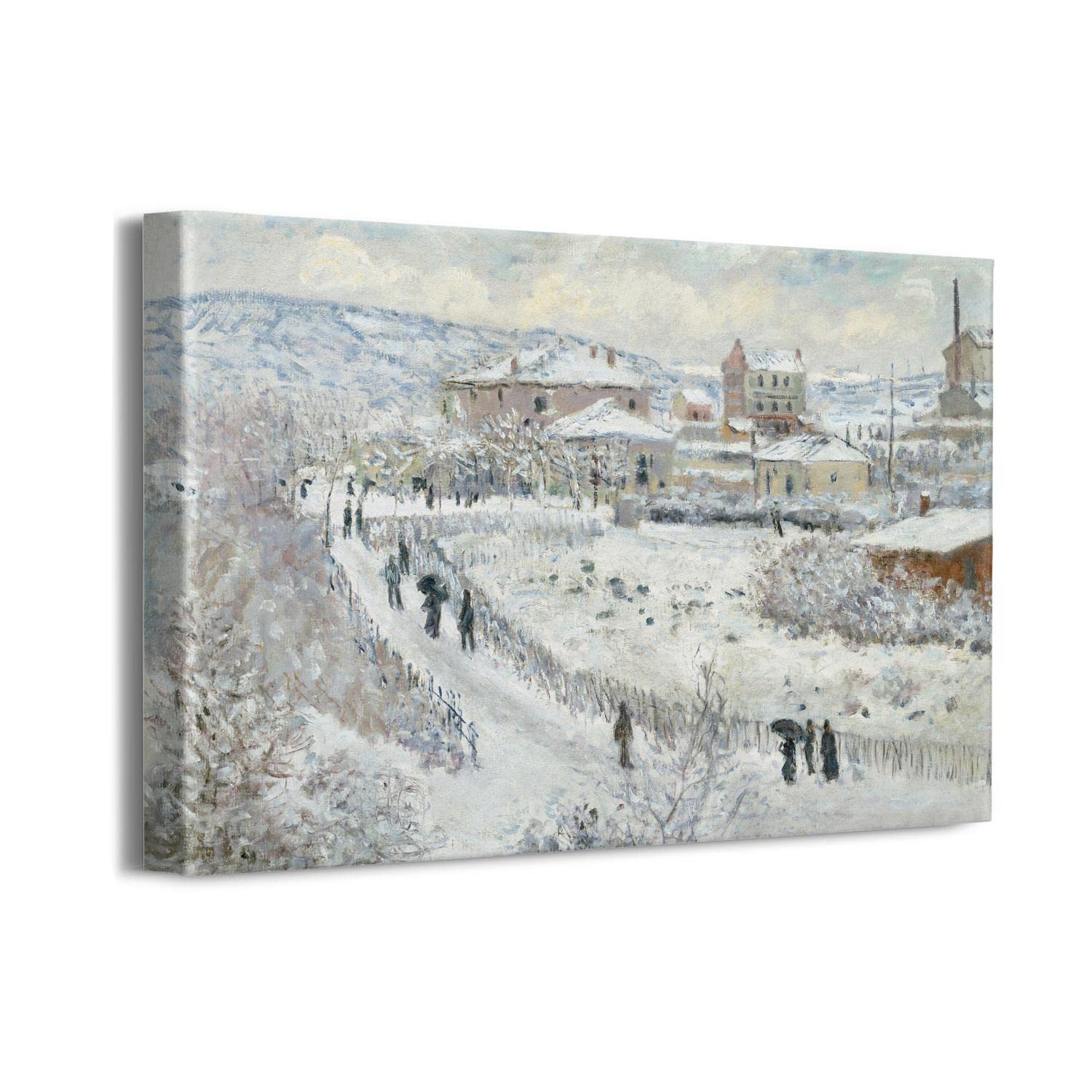 Claude Monet View of Argenteuil in the Snow - Framed Canvas Wall Art Print 16x12 Inches - Winter Landscape Painting for Living Room, Bedroom & Office Decor