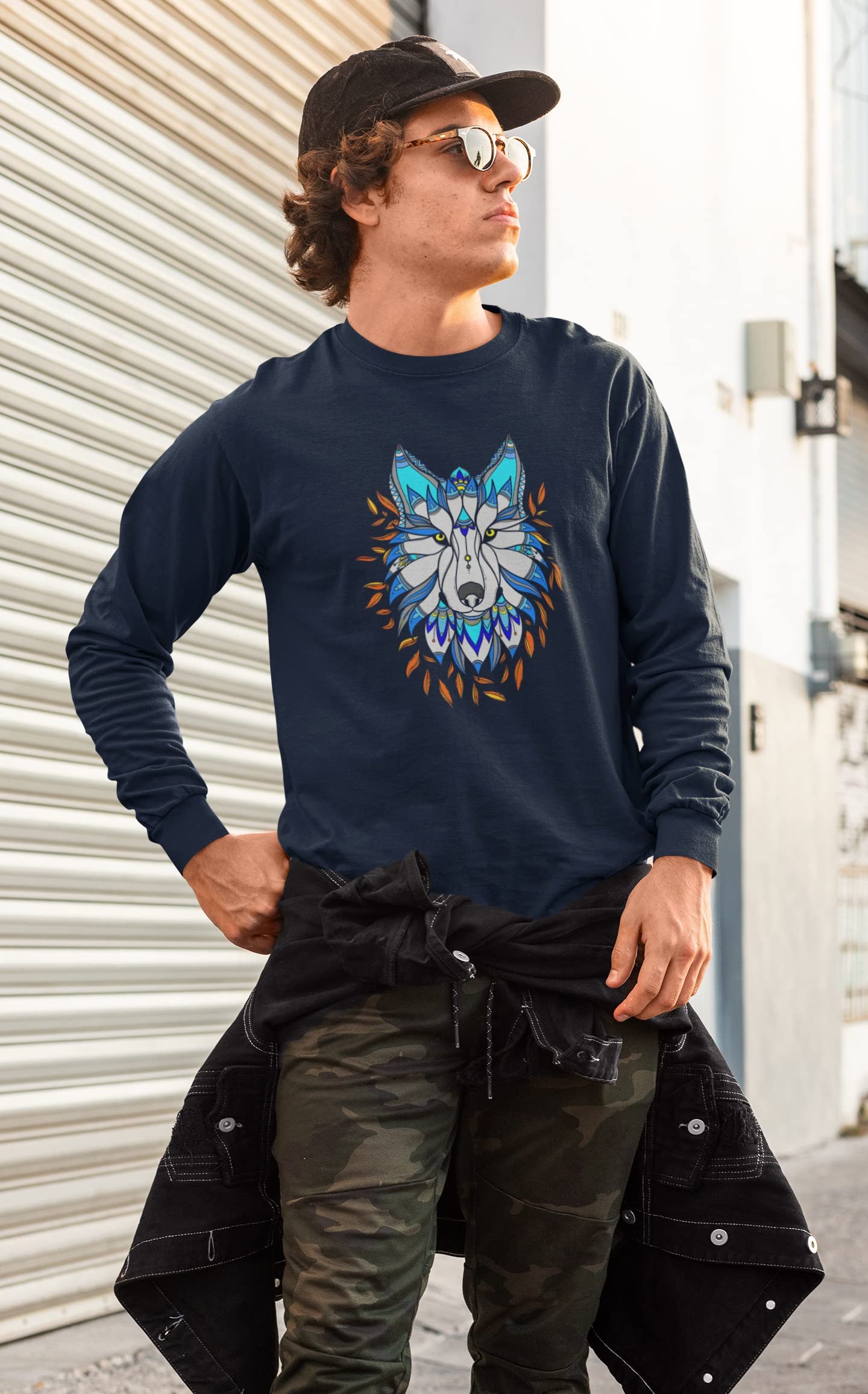 Totem Wolf Spirit Animal Men's Long Sleeve T-Shirt - Navy Blue - X-Large Size - Casual Wear & Graphic Tee for Outdoor Activities