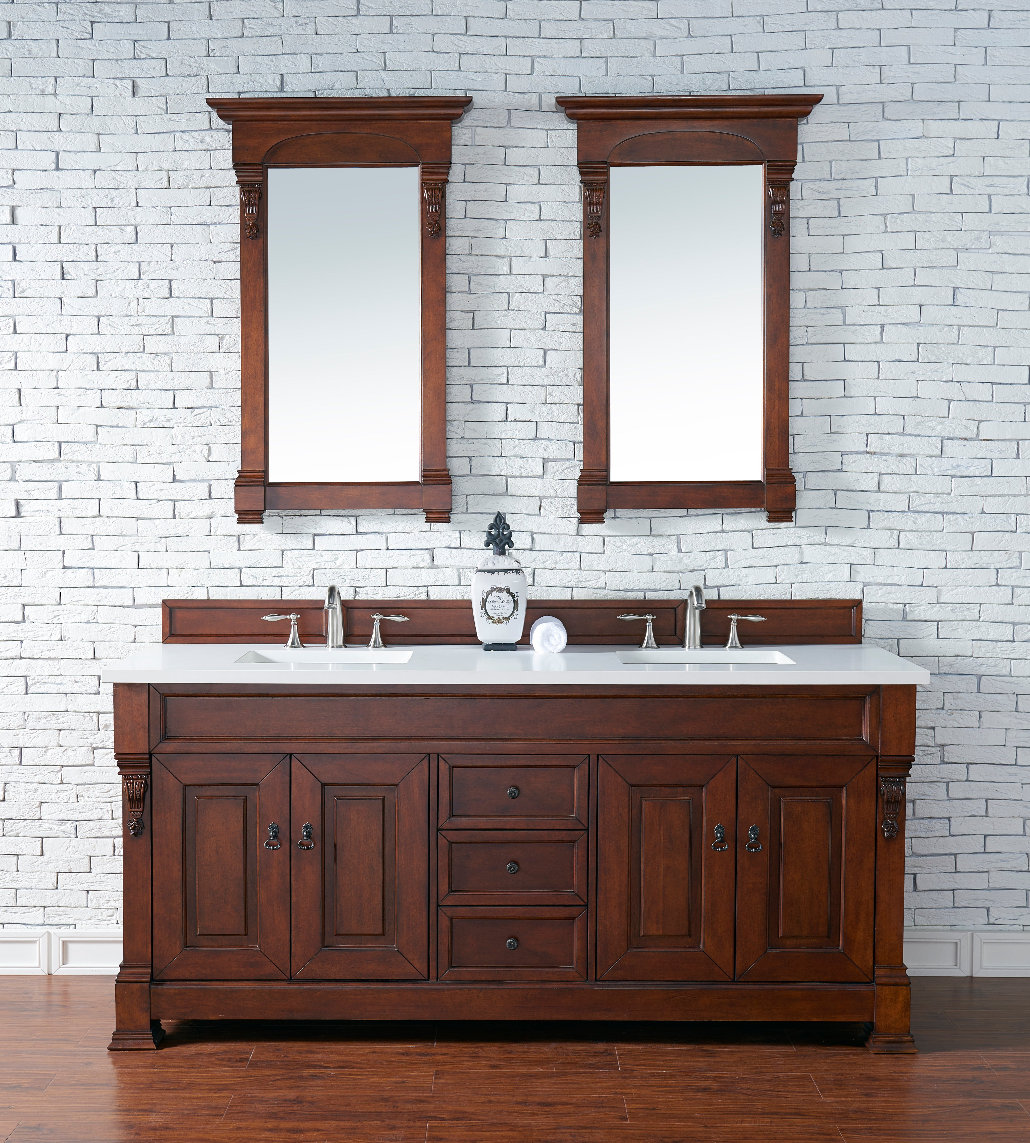 Brookfield 72 Inch Double Vanity with Warm Cherry Finish & 3CM White Zeus Quartz Countertop - Perfect for Master Bathroom & Luxury Home Renovation