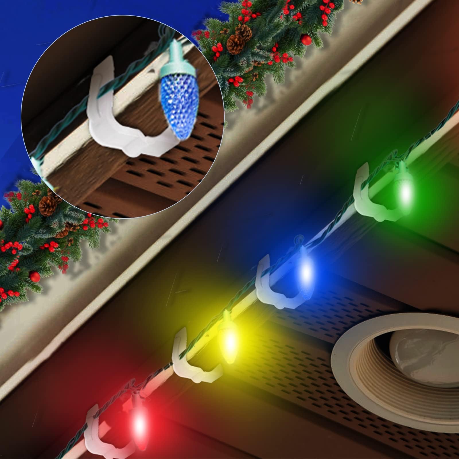 200PCS Christmas Light Clips for Fascia Board & Deck Banister - Heavy Duty Plastic Hangers for Indoor/Outdoor Holiday Lights (Fits 1