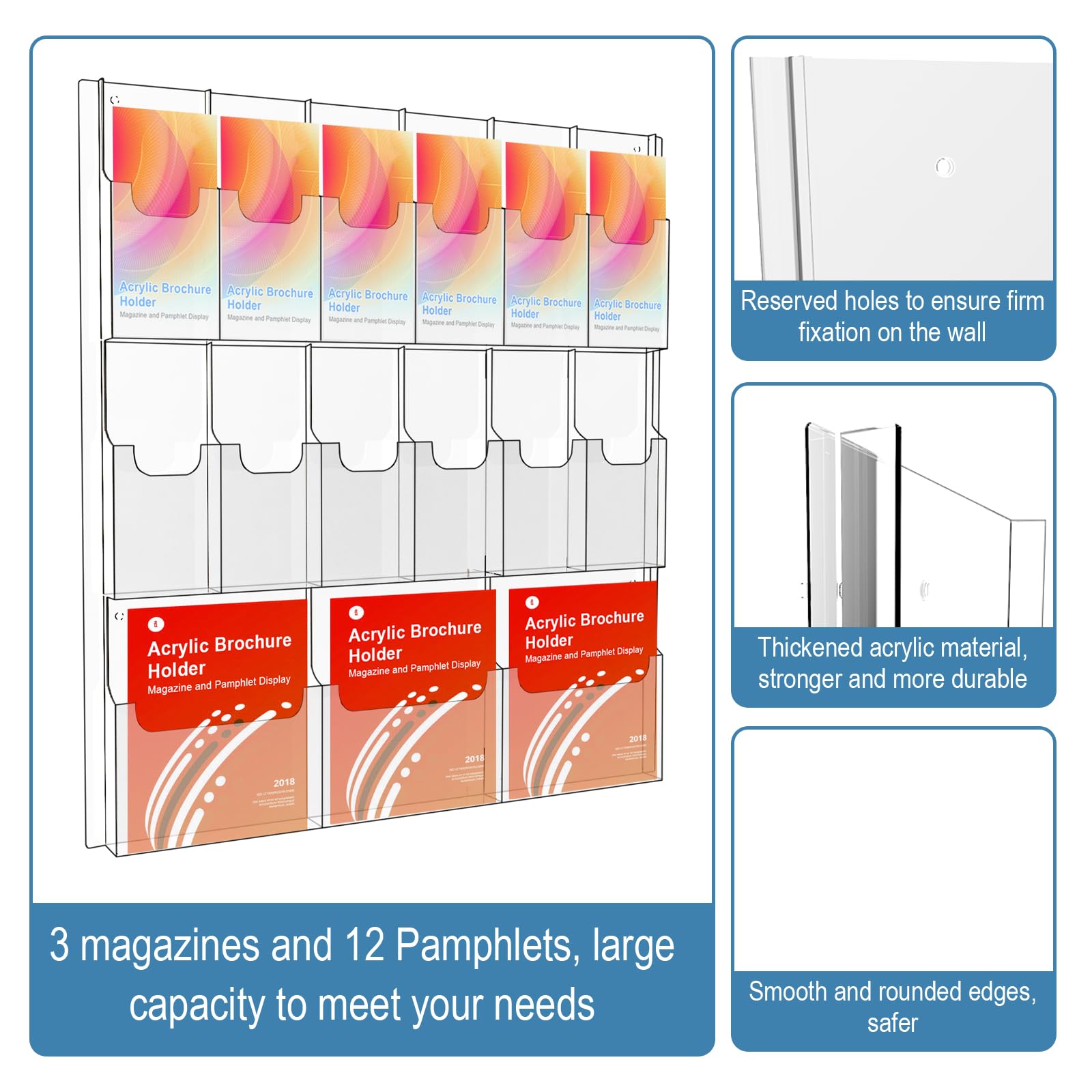 Clear Acrylic Wall Mount Brochure Holder - Magazine & Pamphlet Display Organizer Rack for 12 Pamphlets + 3 Magazines - Business Card Holders & Index Tabs - Perfect for Offices, Restaurants, Hotels & Retail Stores