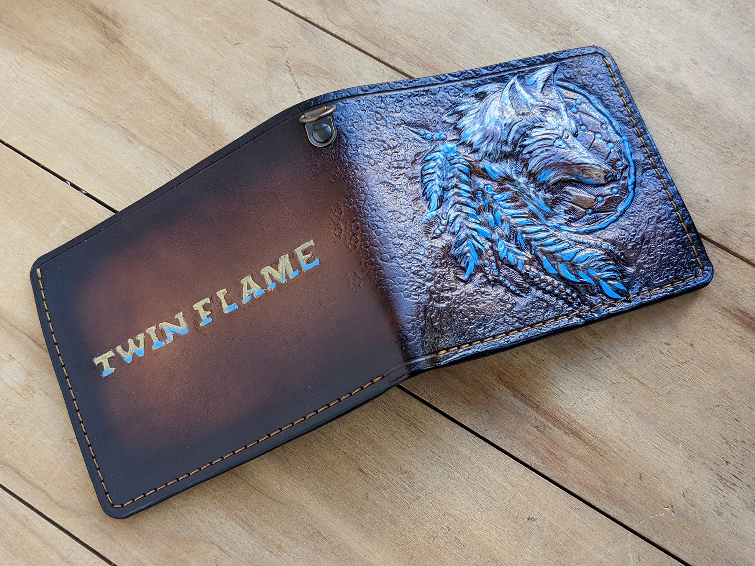 Handmade 3D Genuine Leather Bifold Wallet for Men - Custom Carved & Tooled with Airbrush Art, Personalized Turquoise Fox Dream Catcher Design - Perfect Gift for Father's Day, Birthday & Daily Use