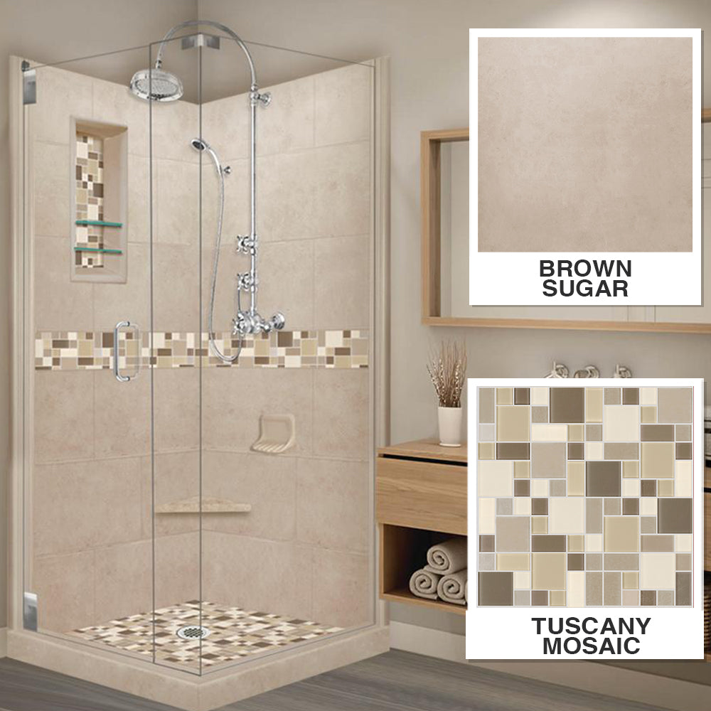 DIY Shower Remodel Kit - Corner Brown Sugar Sistine Stone & Tuscany Mosaic Accent Tile for Bathroom Renovation | Waterproof Peel-and-Stick Backsplash | Easy Installation for Showers, Bathtubs & Kitchen Walls