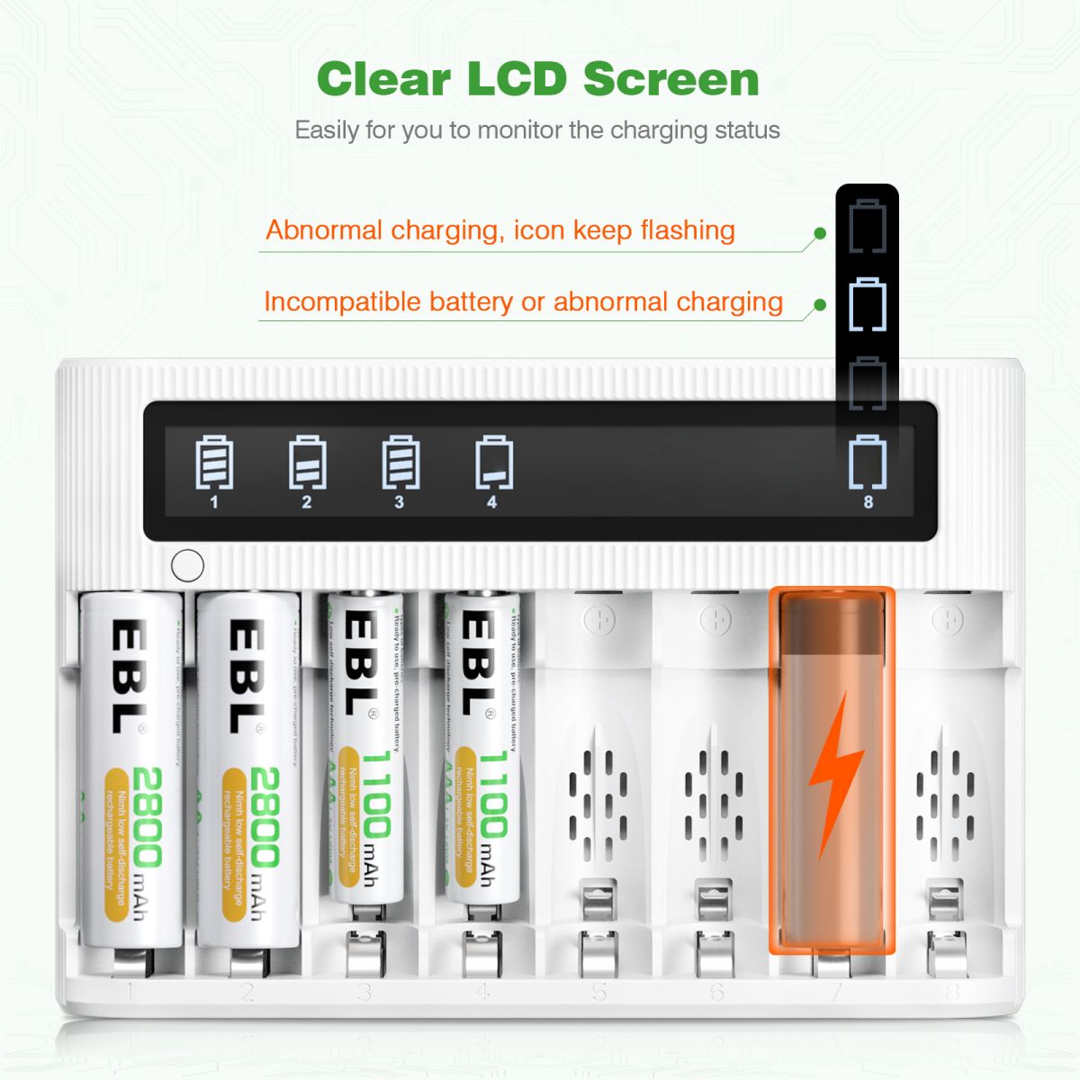 EBL FY 809 8 Bay LCD Smart Battery Charger for AA AAA NiMH NiCD Rechargeable Batteries - Perfect for Home, Office, and Travel Use with Digital Display