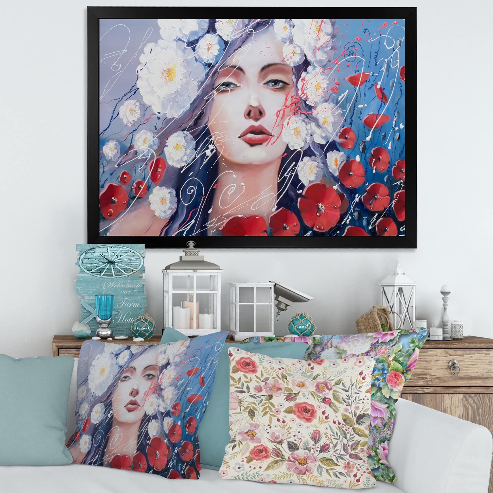 Traditional Framed Wall Art - Portrait of a Young Woman with Red & White Flowers | Elegant Home Decor for Living Room, Bedroom & Office | DesignQ Canvas Painting