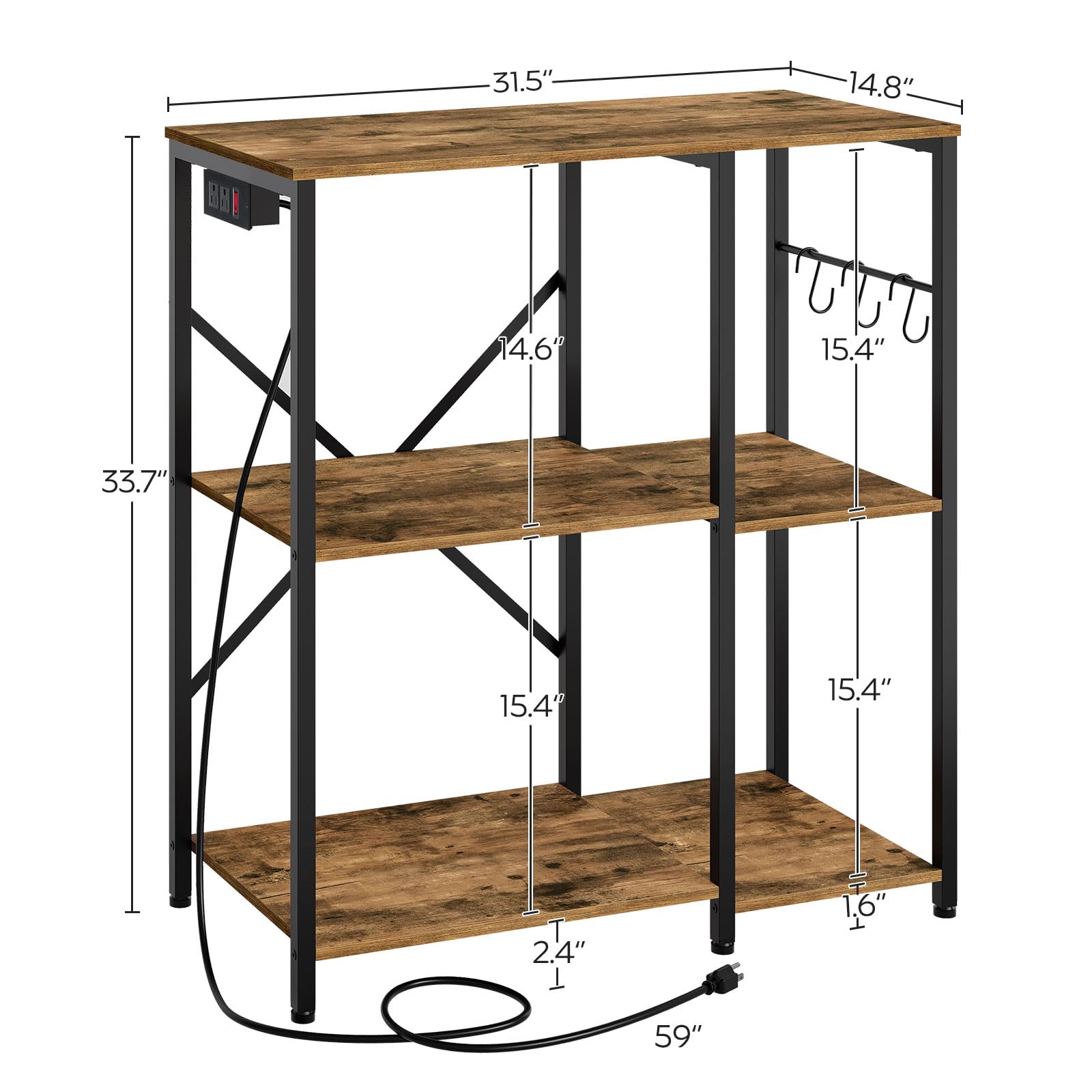 3-Tier Bakers Rack with Power Outlet & Hooks - Rustic Brown Microwave Stand, Multifunctional Coffee Bar & Kitchen Storage Organizer - Perfect for Small Kitchens, Dining Rooms & Living Room Decor