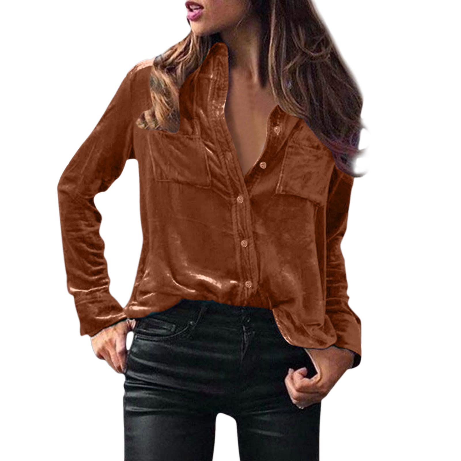 Women's Velvet Long Sleeve Button-Down Shirt with Pocket - Winter Fashion Top for Casual Wear & Workout - Perfect for Office, Date Night & Yoga Sessions