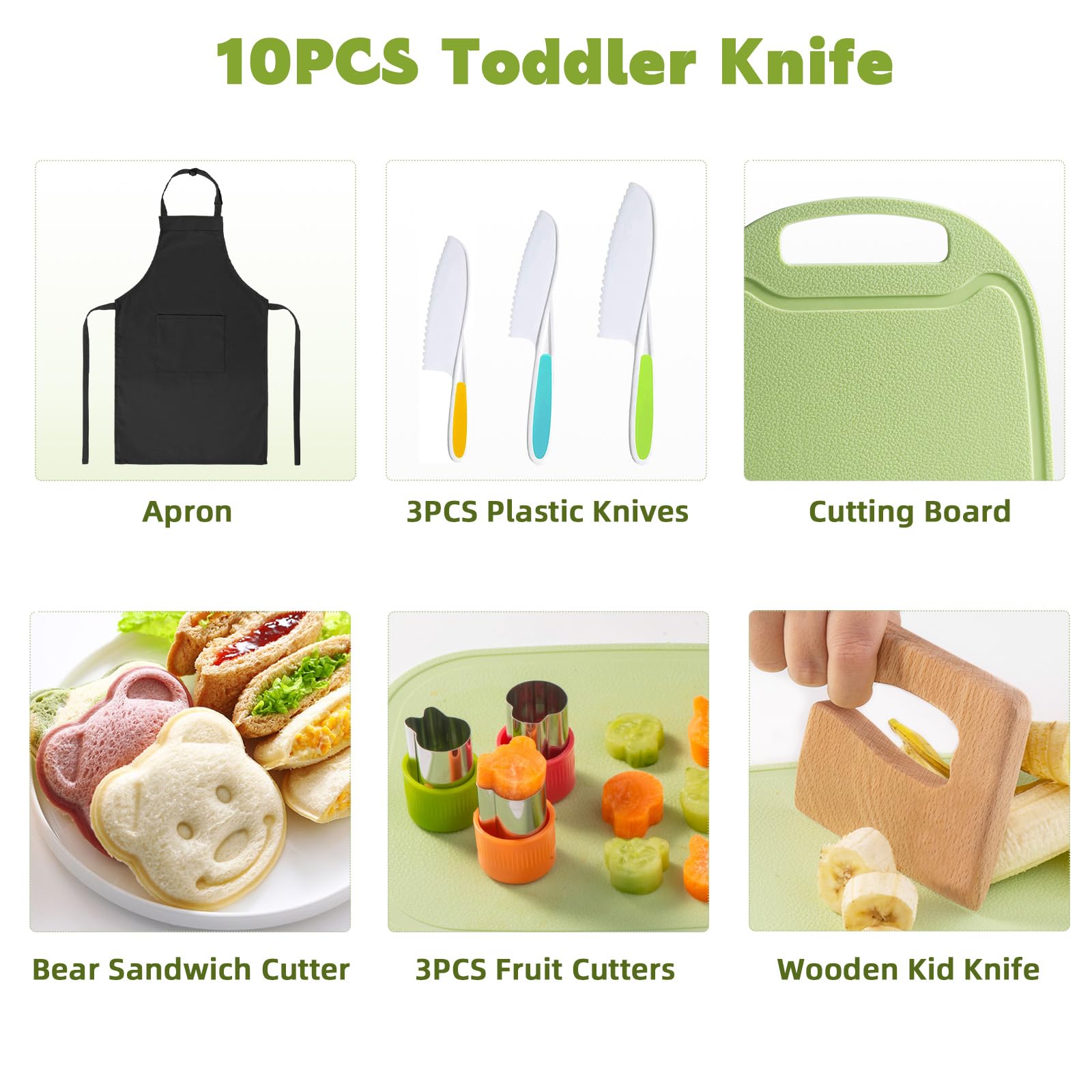 10-Piece Toddler Knife Set - Kids Safe Knives for Real Cooking, Montessori Kitchen Tools with Cutting Board, Apron, Sandwich Cutter & Fruit Cutters - Perfect for Early Learning, Snack Prep & Family Cooking Activities