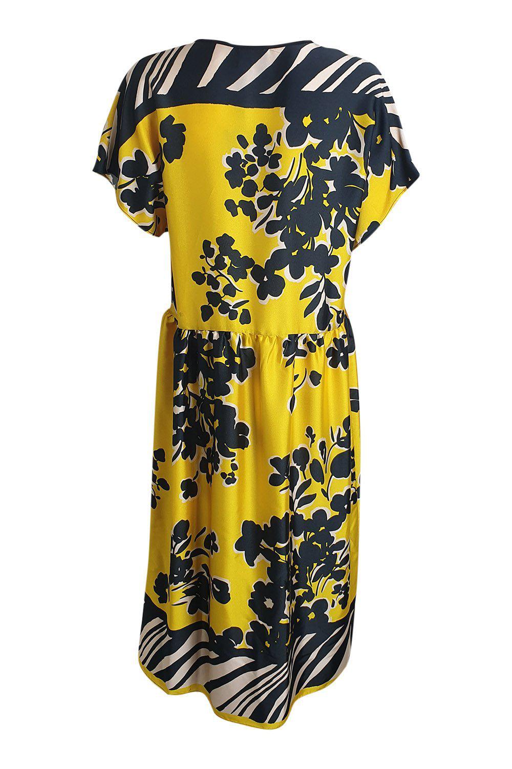 ALYSI CHOCOLAT Women's Yellow Short Sleeve Floral Print Midi Dress - Size IT 44 (US 12) | Summer Casual Dress for Beach, Party & Vacation Outfits