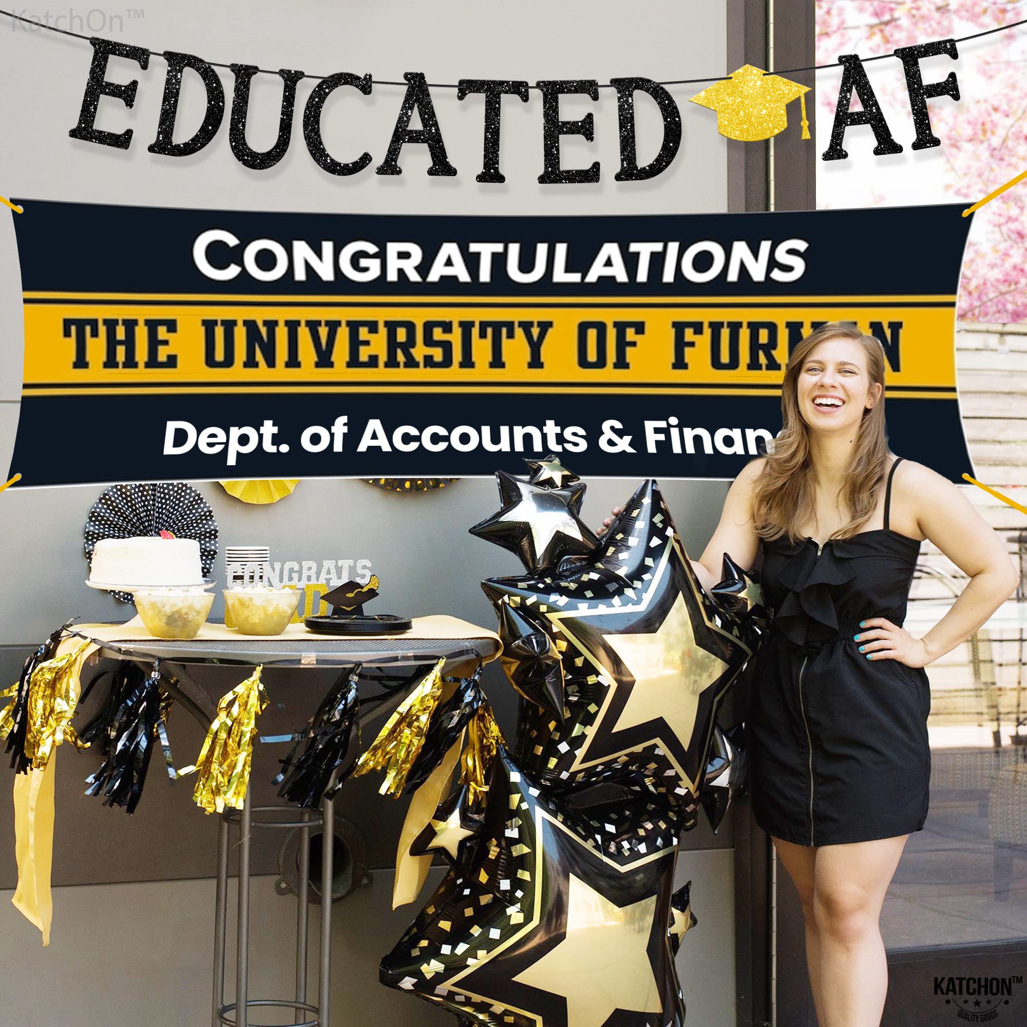 KatchOn Glitter Black 'Educated AF' Graduation Banner - 10ft Ready-to-Hang | Class of 2025 Graduation Party Decor | Funny Graduation Sign for High School & College Celebrations | Perfect for Graduation Photos, Wall Decor & Party Backdrops