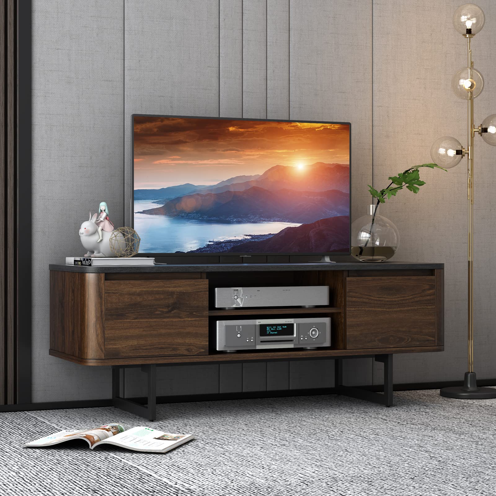Tangkula 55 Inch TV Stand with Metal Base & 2-Door Storage - Wooden Media Console with Adjustable Shelf & Cable Management - Entertainment Center for Living Room, Bedroom - Brown (Perfect for Home Theater Setup & Living Room Organization)