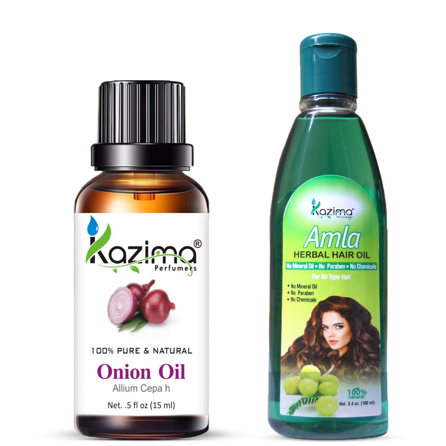 KAZIMA Onion Oil 15ml & Amla Herbal Hair Oil 100ml Combo - Natural Hair Growth Treatment for Dry Scalp, Dandruff & Split Ends | Nourishing Hair Care for Men & Women | Perfect for Daily Hair & Scalp Massage