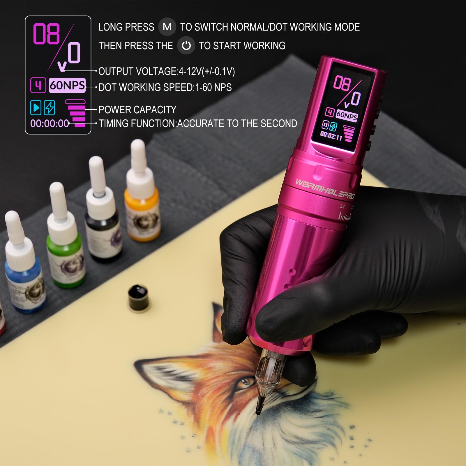VIRGO Wireless Tattoo Machine - 7 Adjustable Strokes, Coreless Motor, 1800mAh Battery, Digital LED Display - Professional Tattoo Pen for Artists (CHKP15-A) - Perfect for Studio Work & Mobile Tattooing