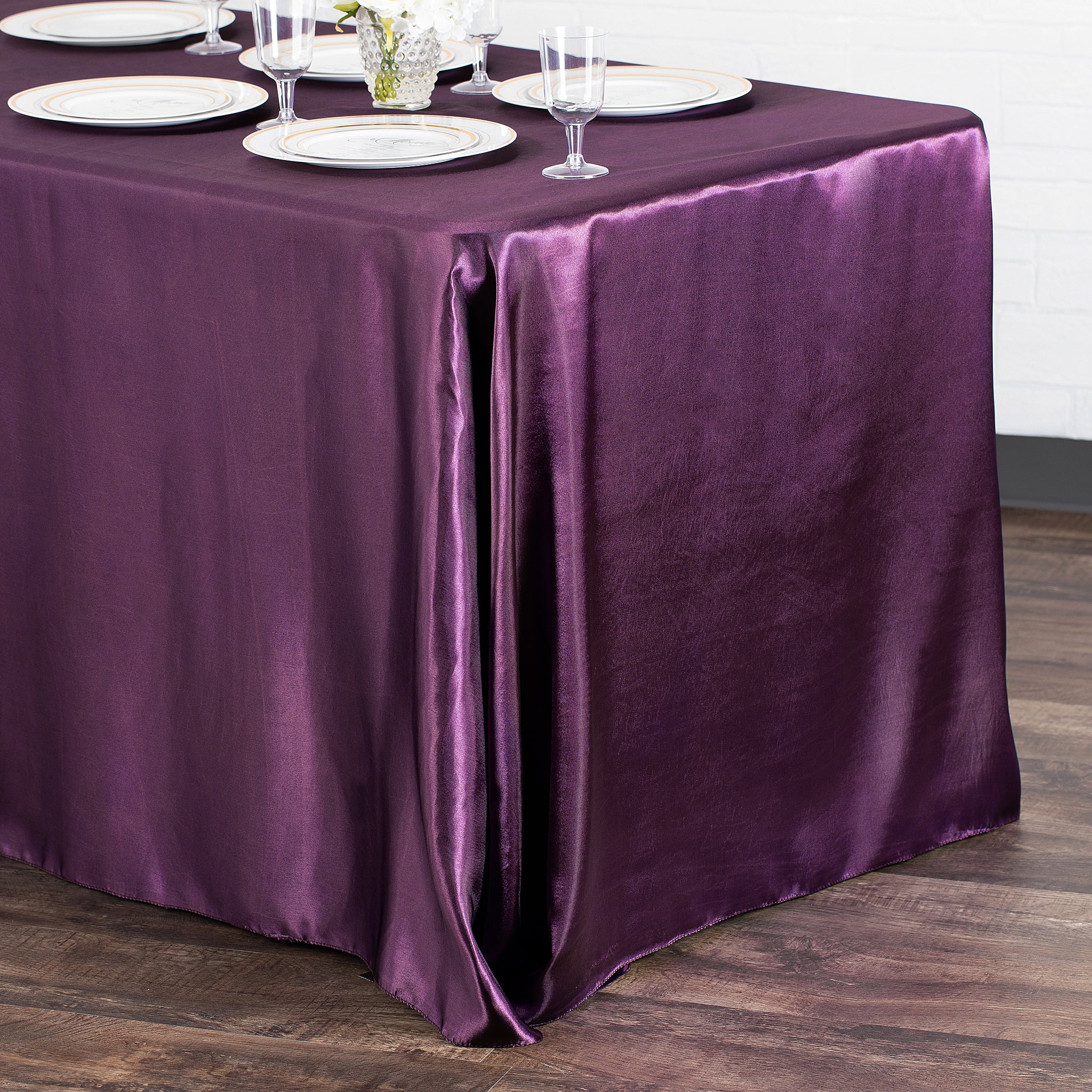 90x156 Inch Rectangular Satin Tablecloth - Eggplant Purple/Plum Color for Wedding, Party & Formal Dining - Wrinkle & Stain Resistant Fabric