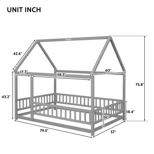 Full Size Wooden Bed Frame with Roof and Guardrails - Easy Assembly House Bed for Kids, Teens, Boys & Girls (White) | Perfect for Bedroom, Playroom, and Kids' Sleep Safety