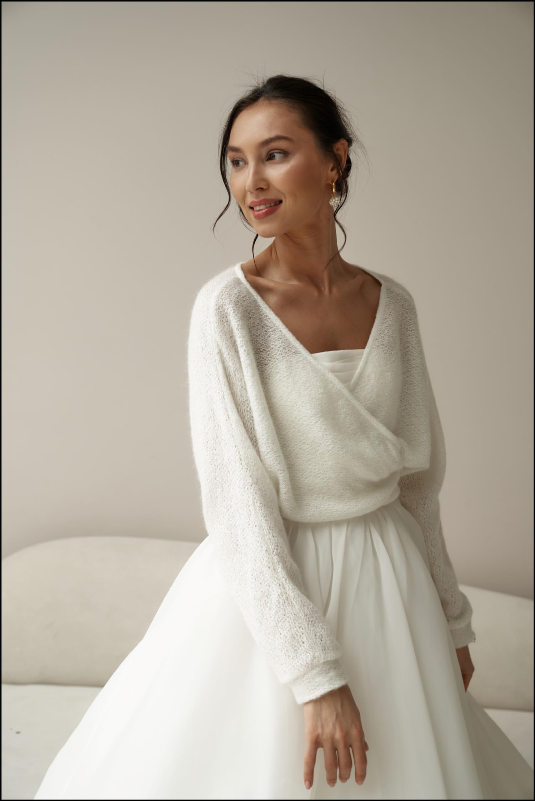 Elegant Ivory Bridal Cardigan with Ties - Cozy Wedding Dress Wrap Sweater for Bride, Chic Knitwear for Bridal Party, Engagement & Outdoor Ceremony (Size S)