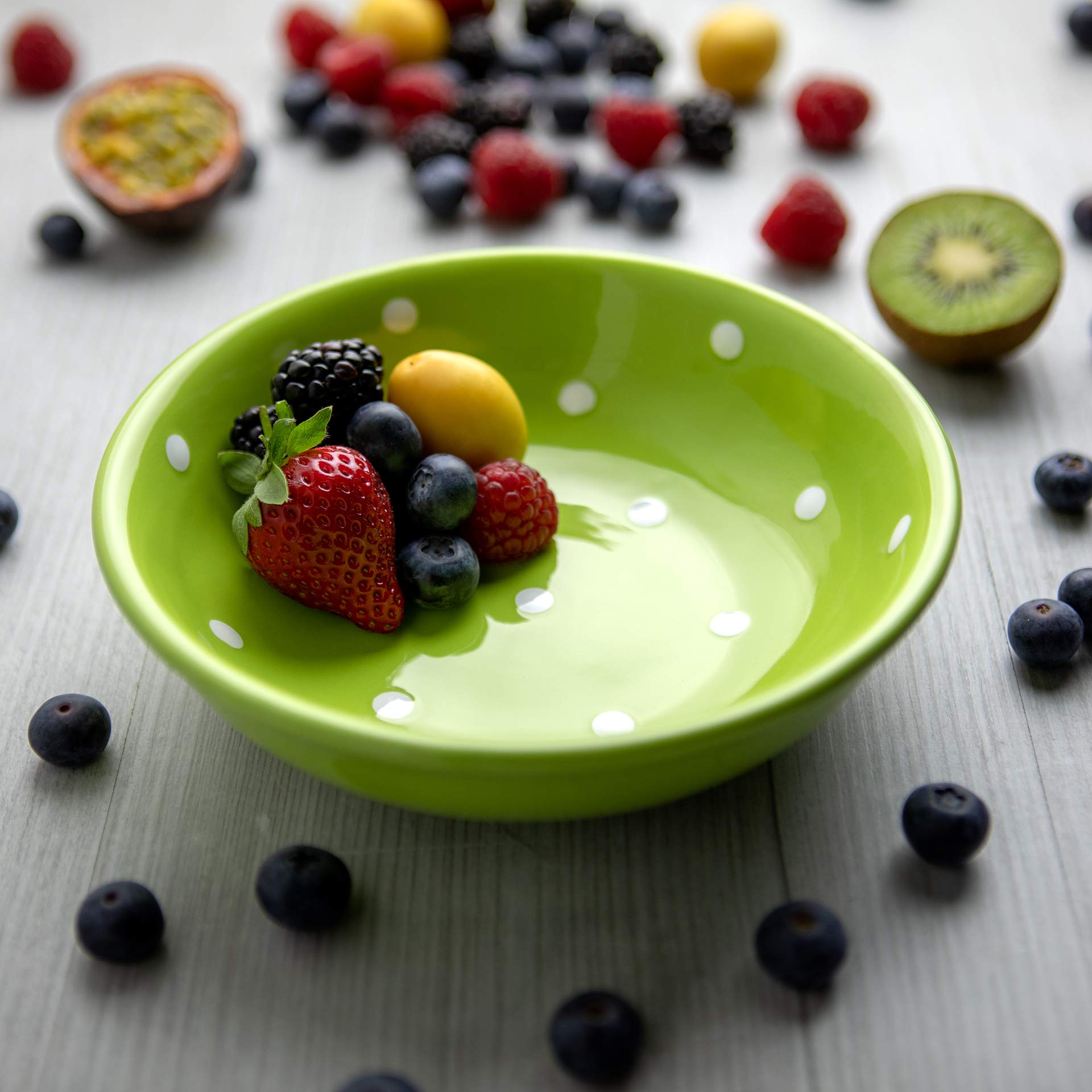 Handmade Lime Green & White Polka Dot Glazed Ceramic Bowl - 7.3inch/18.5cm, 14oz/400ml - Perfect for Salad, Pasta, Fruit, Cereal & Soup | Unique Dinnerware & Housewarming Gift for Kitchen, Dining, Cottage Decor