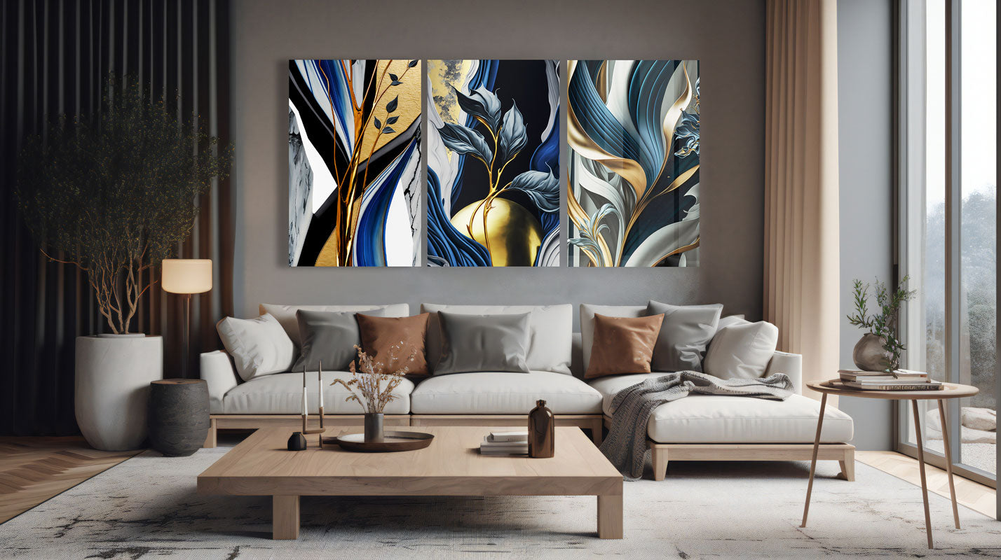 Abstract Leaves Trinity - Modern Botanical Wall Art for Home & Office Decor - Perfect for Living Room, Bedroom, and Workspace Aesthetics