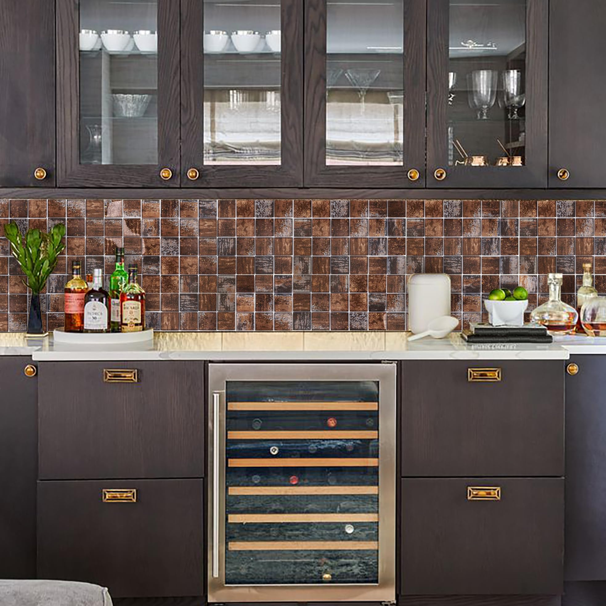Antique Bronze Brown 2x2 Glass Mosaic Tile for Kitchen Backsplash, Bathroom Wall, and Shower - Box of 5 Sheets - Perfect for Modern Home Decor, DIY Projects, and Renovations