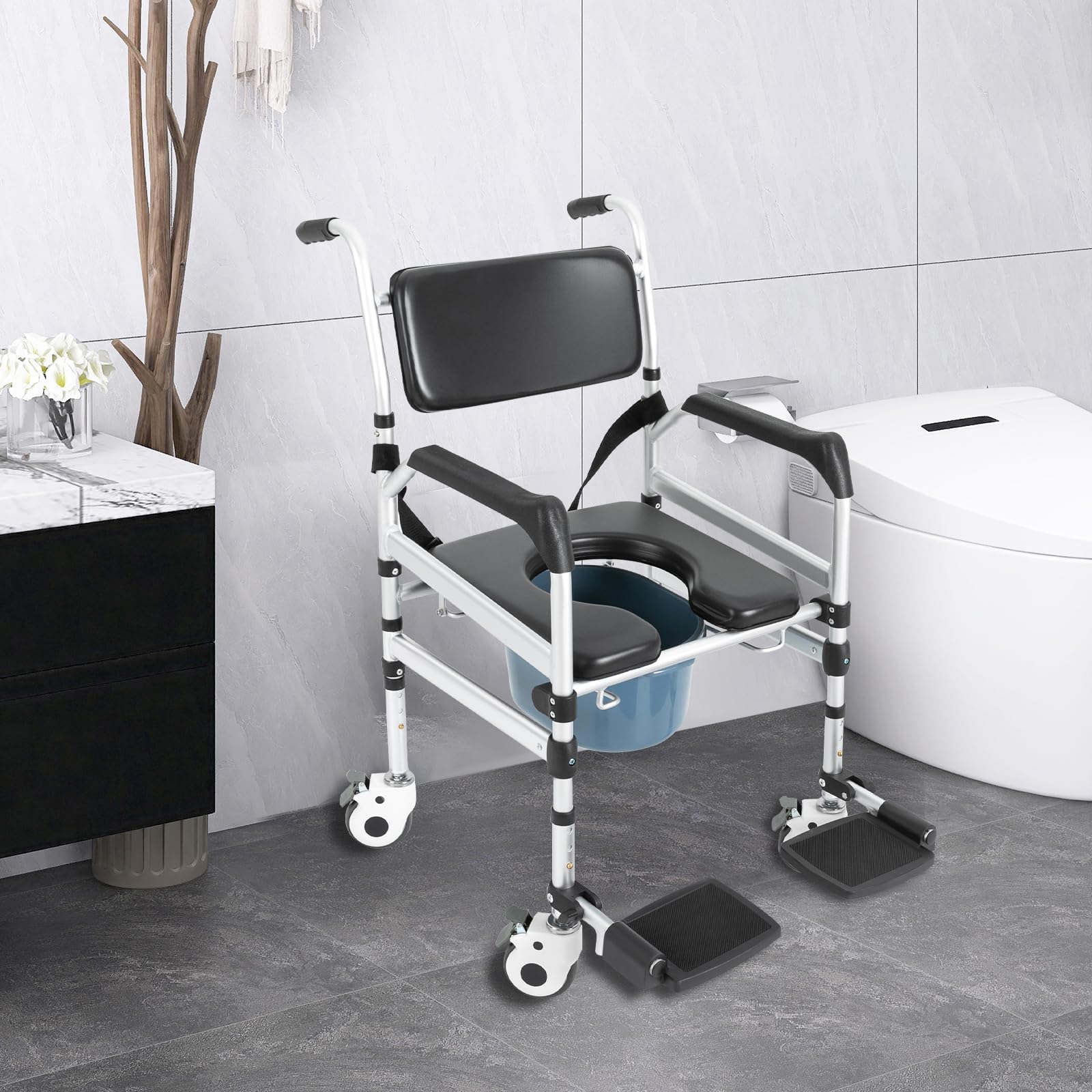 Adjustable Height Shower Commode Wheelchair with 4 Lockable Wheels & Safety Belt - 352 LBS Capacity Folding Toilet Chair for Elderly & Disabled Adults - Includes Removable 5L Bucket, Footrests & Armrests - Ideal for Bathroom Safety & Mobility Assistance