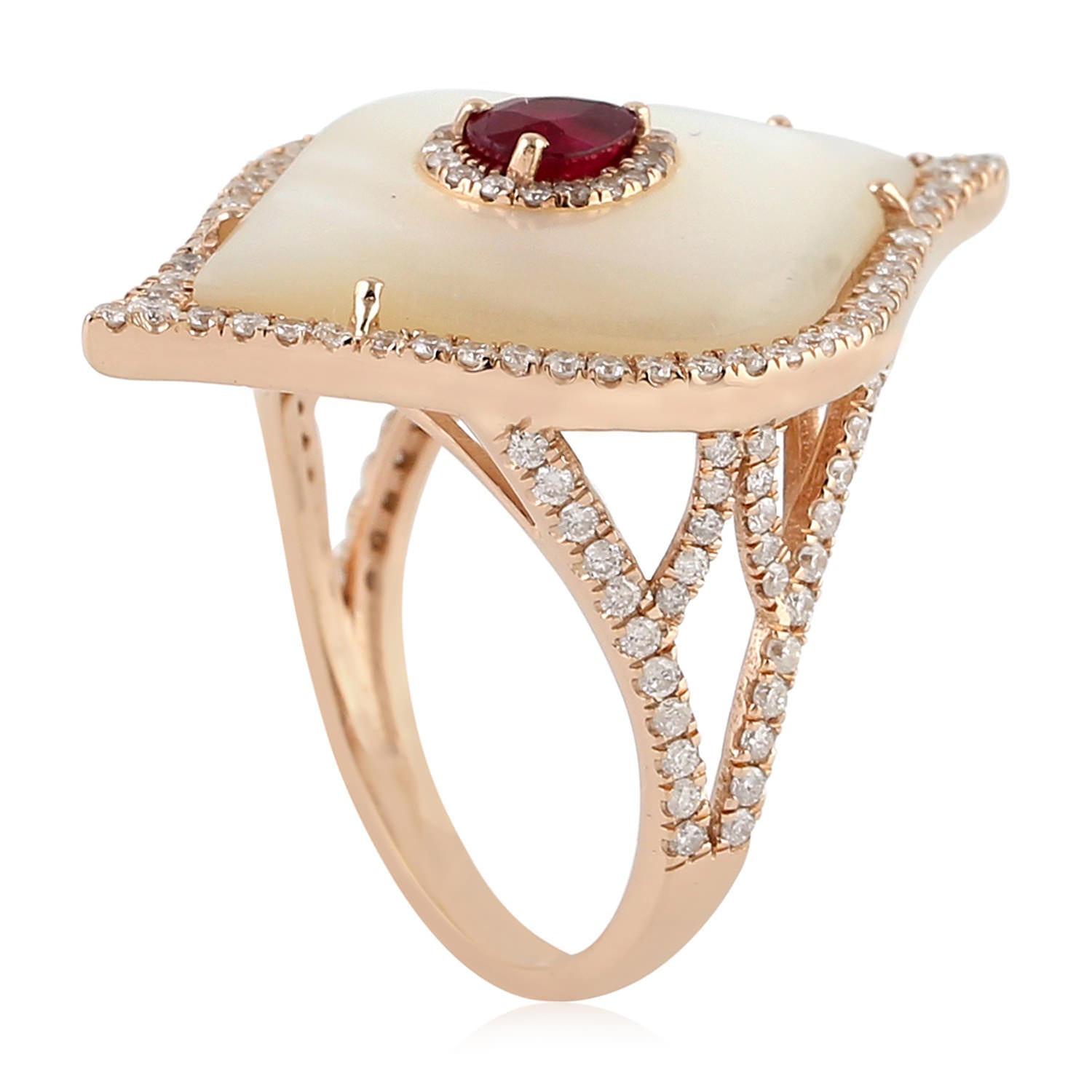 18K Rose Gold Marquise Cut Mother of Pearl & Pear Cut Ruby Pave Diamond Ring - Elegant Statement Jewelry for Weddings, Anniversaries, and Special Occasions
